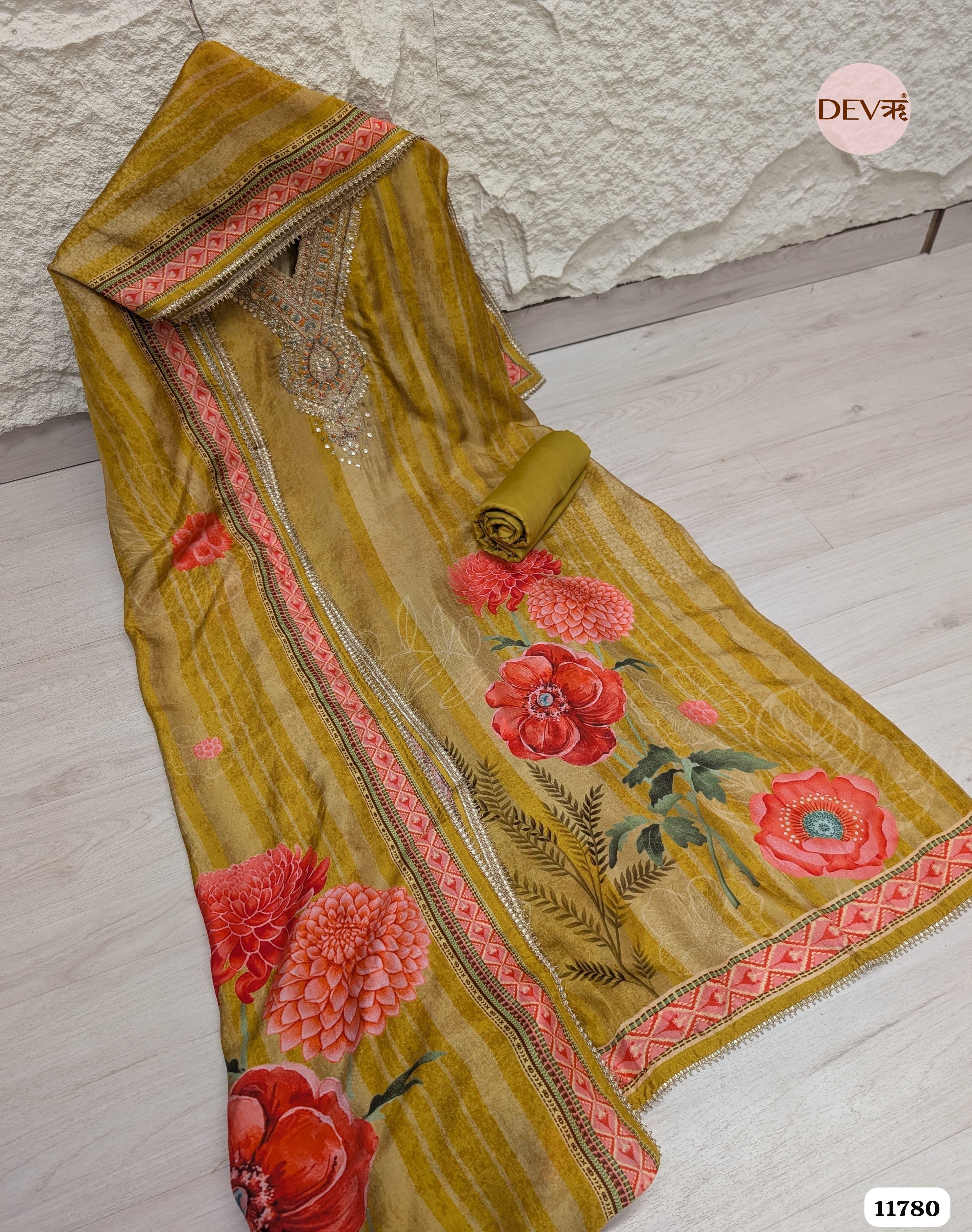 Yellow Russian Silk Printed Unstitched Hand Embroidered -Set Of 3 {11780}