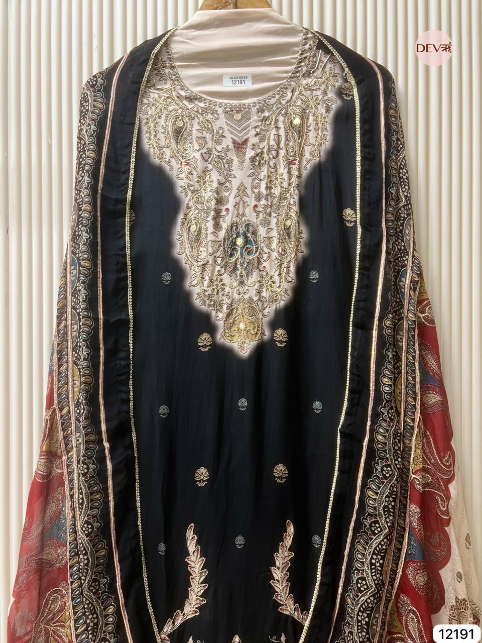 Black Muslin Embroidered Unstitched 3-Piece Suit (Devri – D.No 12191)