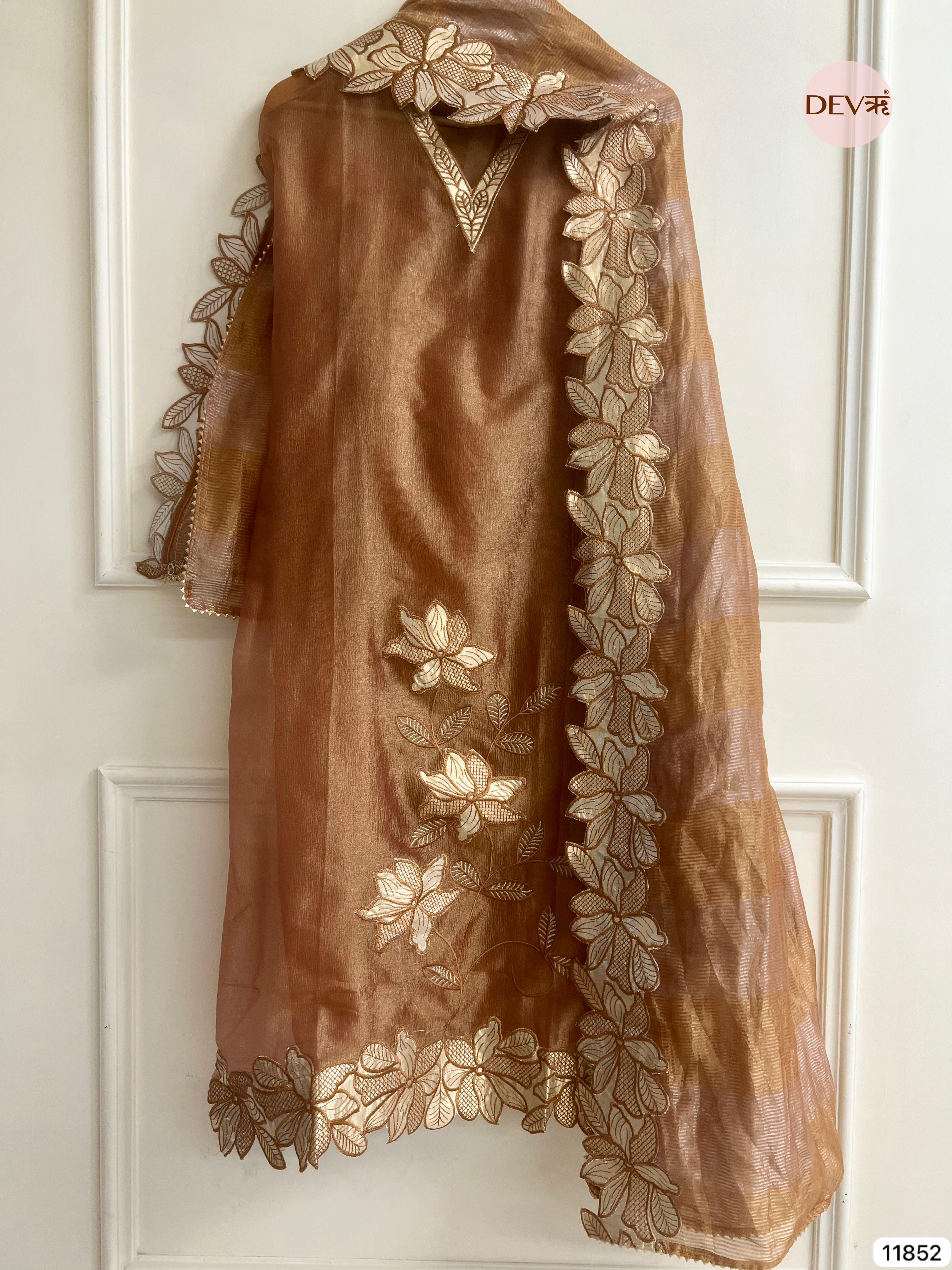 Brown Tissue Silk Unstitched Embroidered -Set Of 3- {11852}