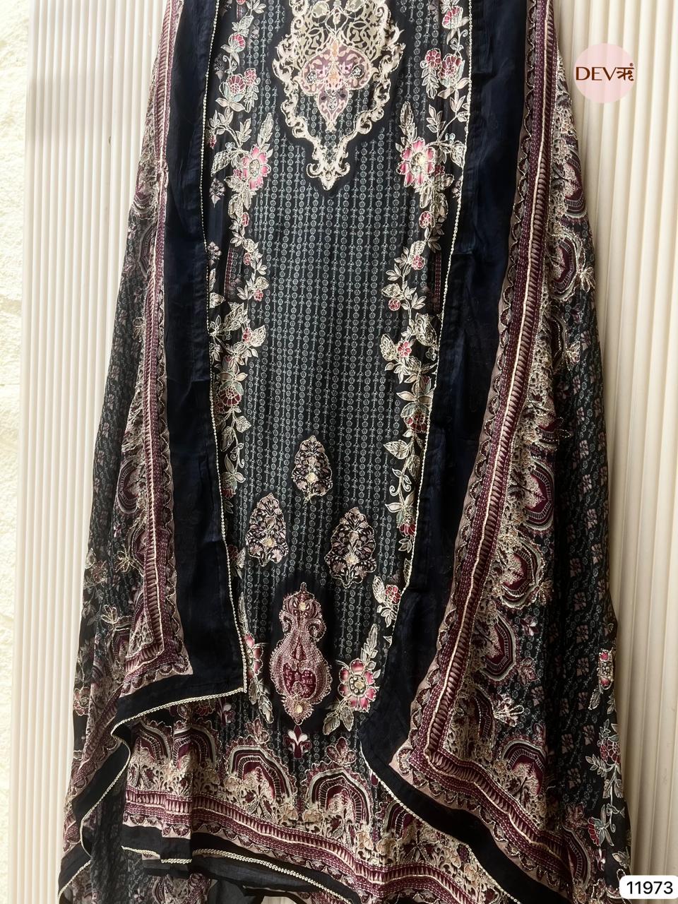 Black Muslin Printed Unstitched 3-Piece Suit (Devri – D.No 11973)