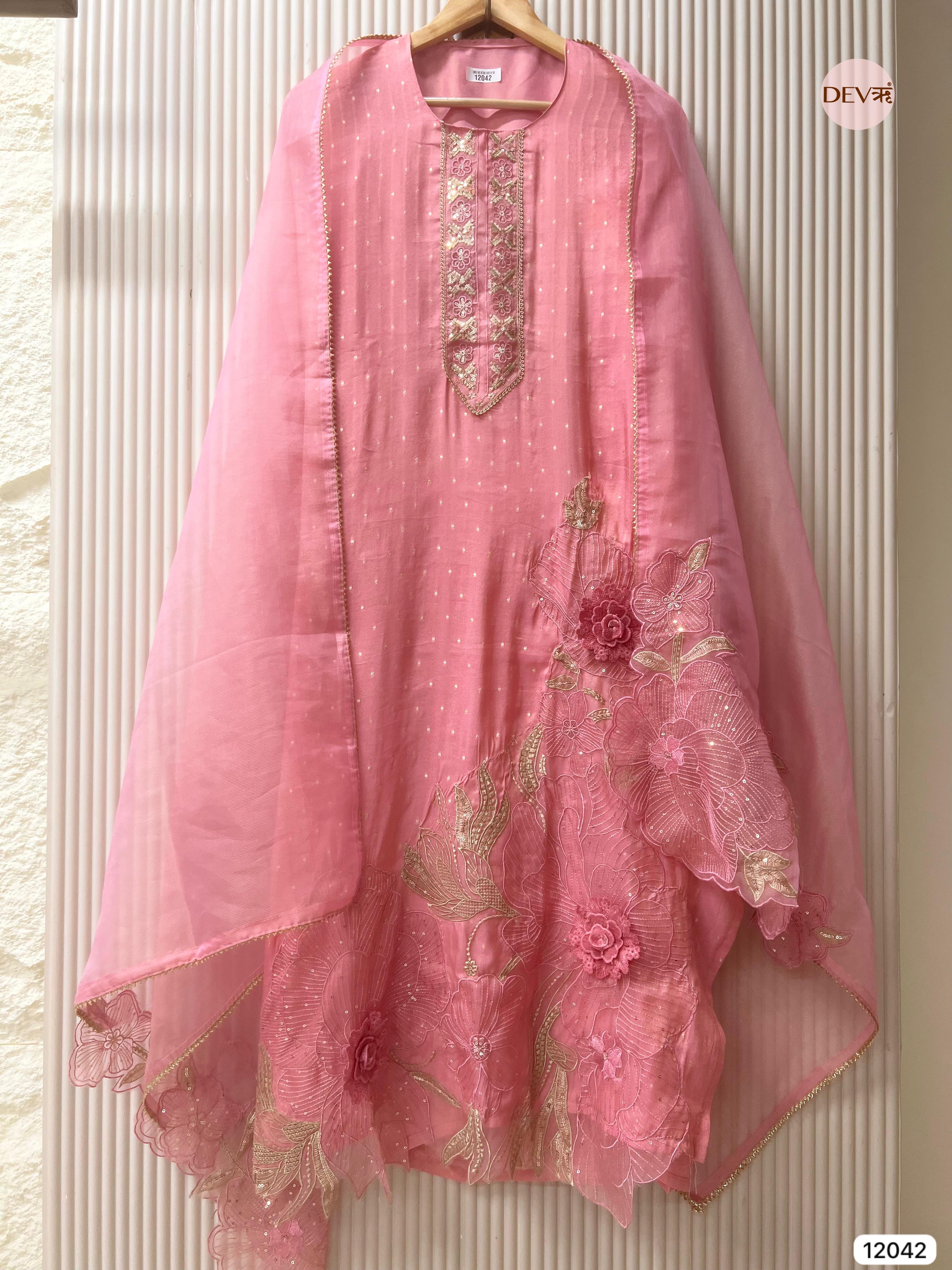 Pink Tissue Shimmer Silk Unstitched Embroidered -Set Of 3- {12042}