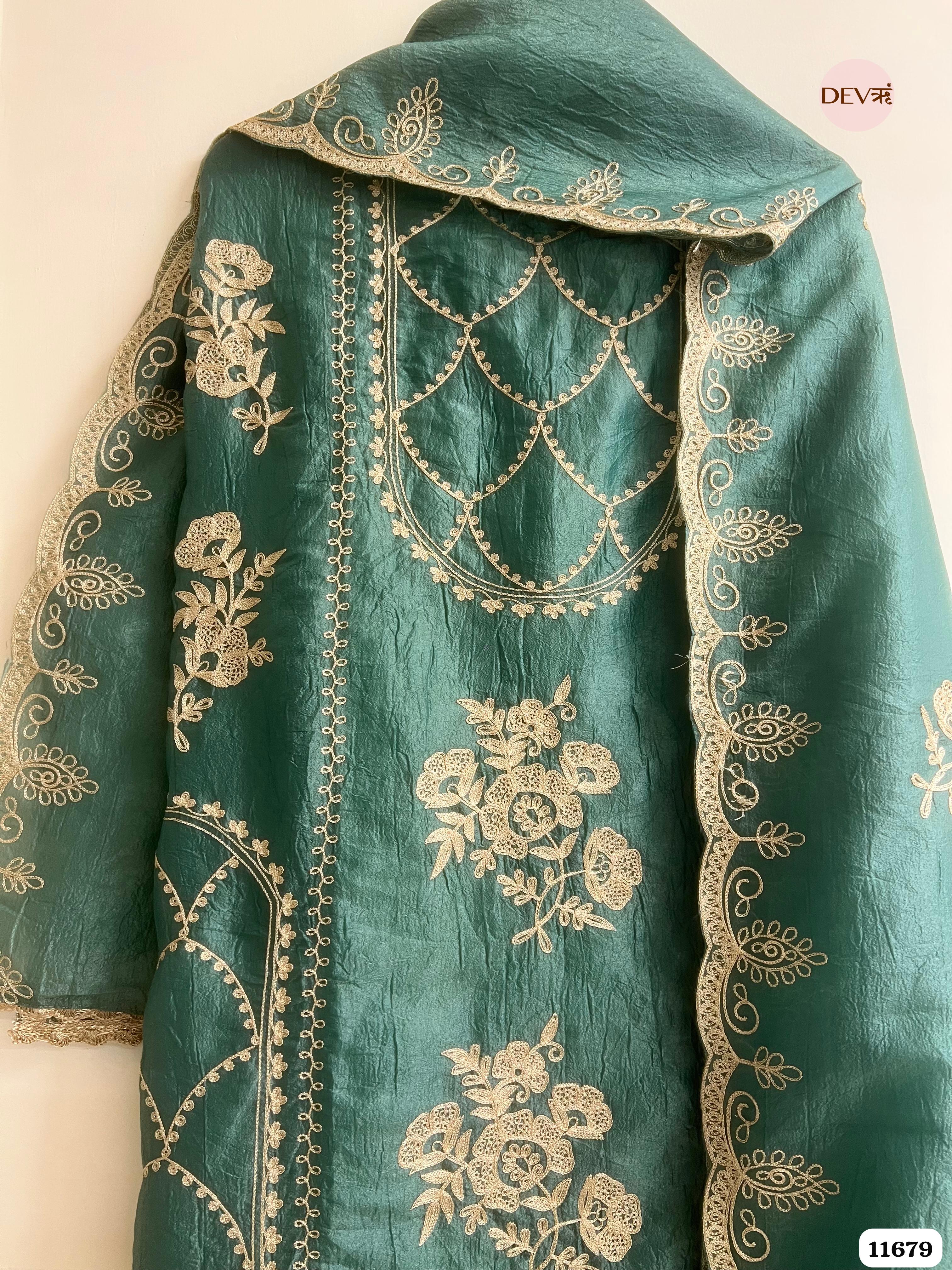 Green Tissue Crush Unstitched Embroidered -Set Of 3 {11679}