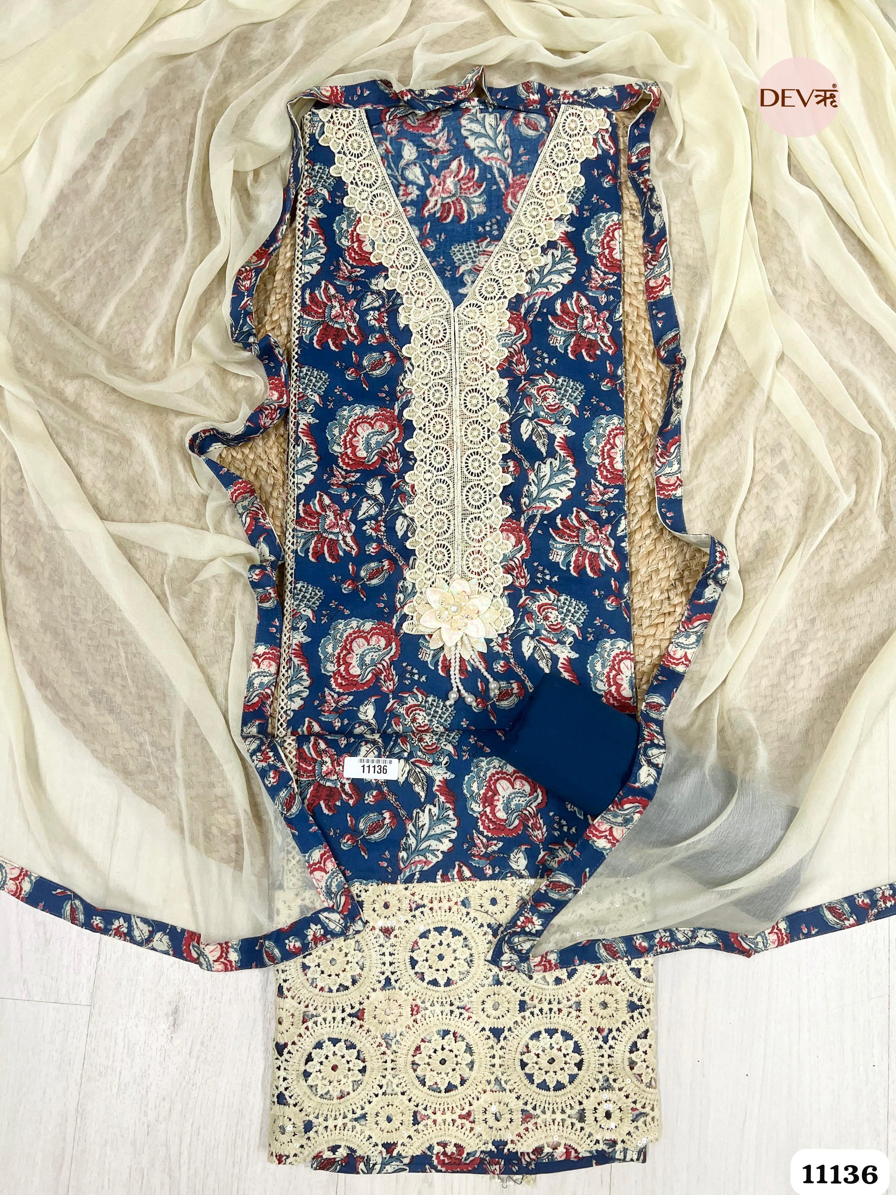 Blue Cotton Unstitched Printed -Set Of 3 {11136}