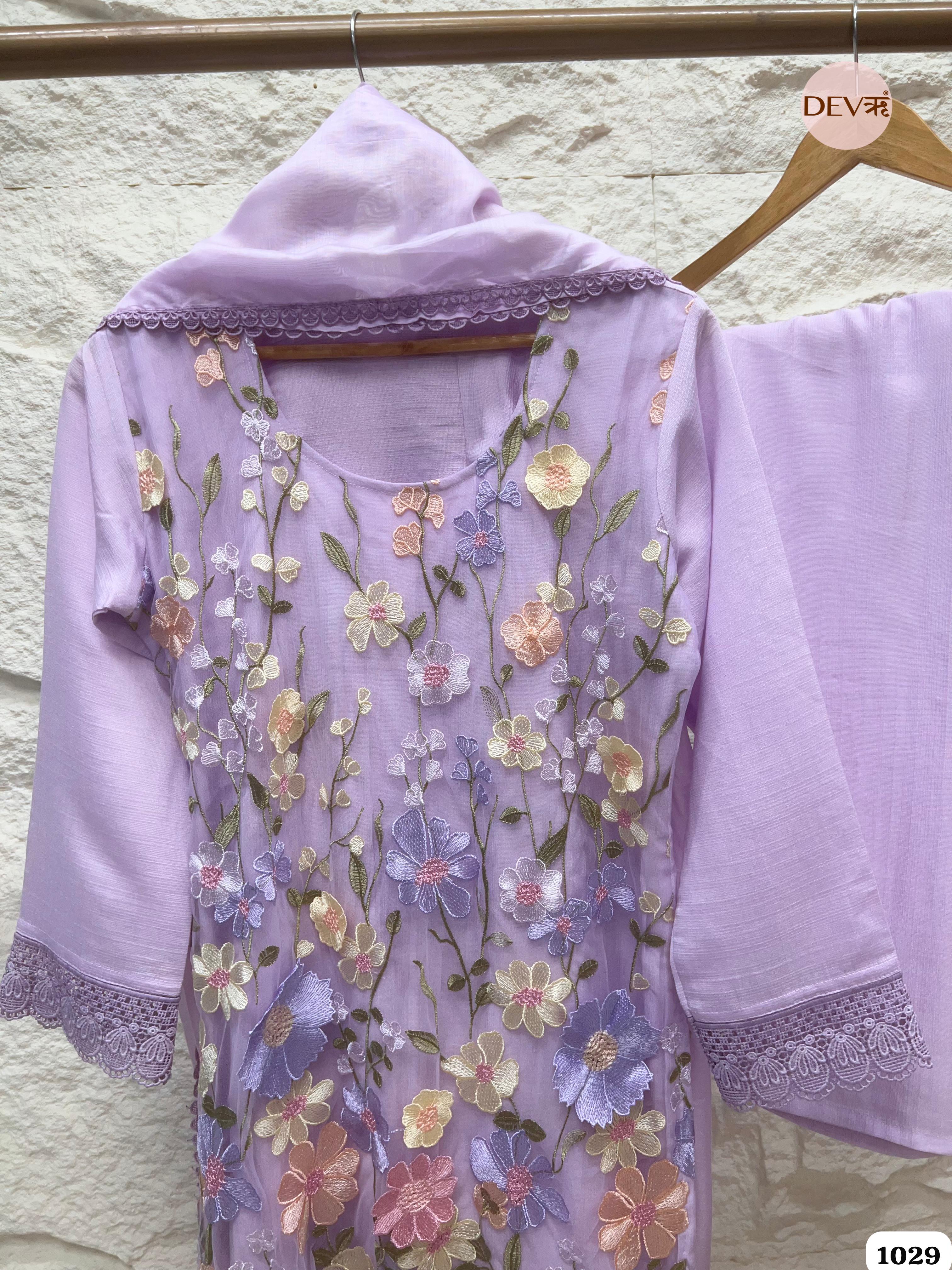 Light Purple Slub Cotton Stitched Embroidered -Set Of 3 {1029}