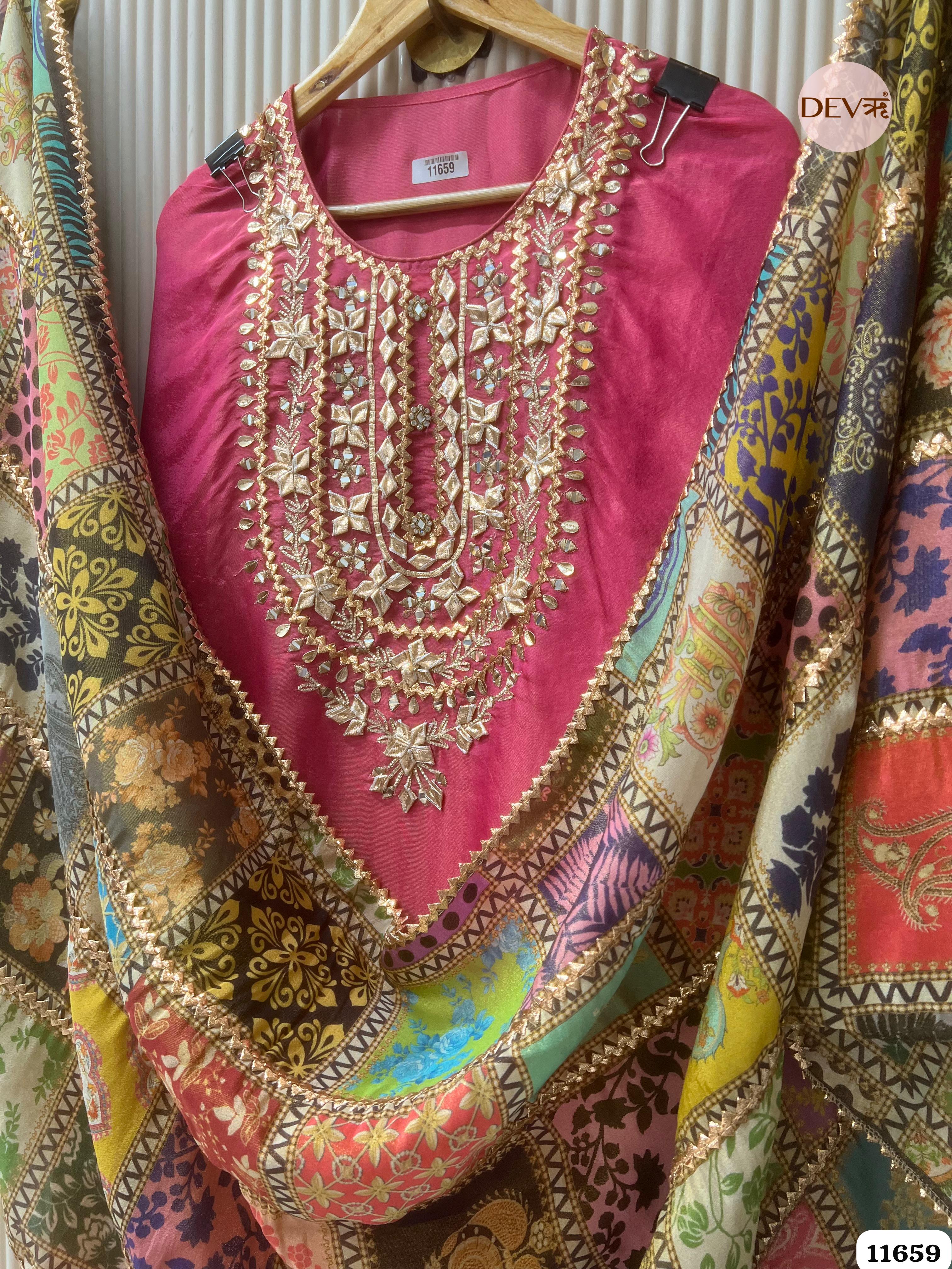 Deep Pink Tissue Silk Unstitched Hand Embroidered -Set Of 3 {11659}