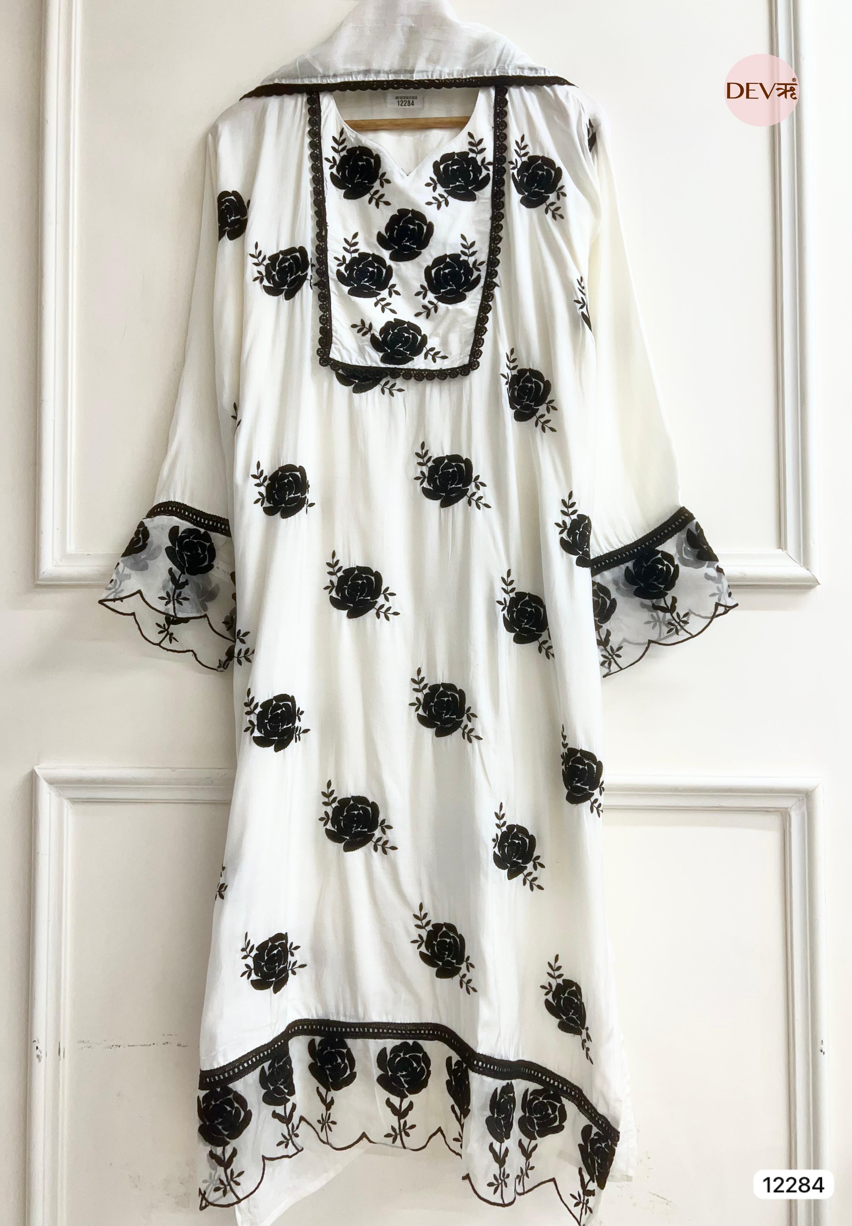 Ivory Muslin Embroidered Unstitched 3-Piece Suit (Devri – D.No 12284)