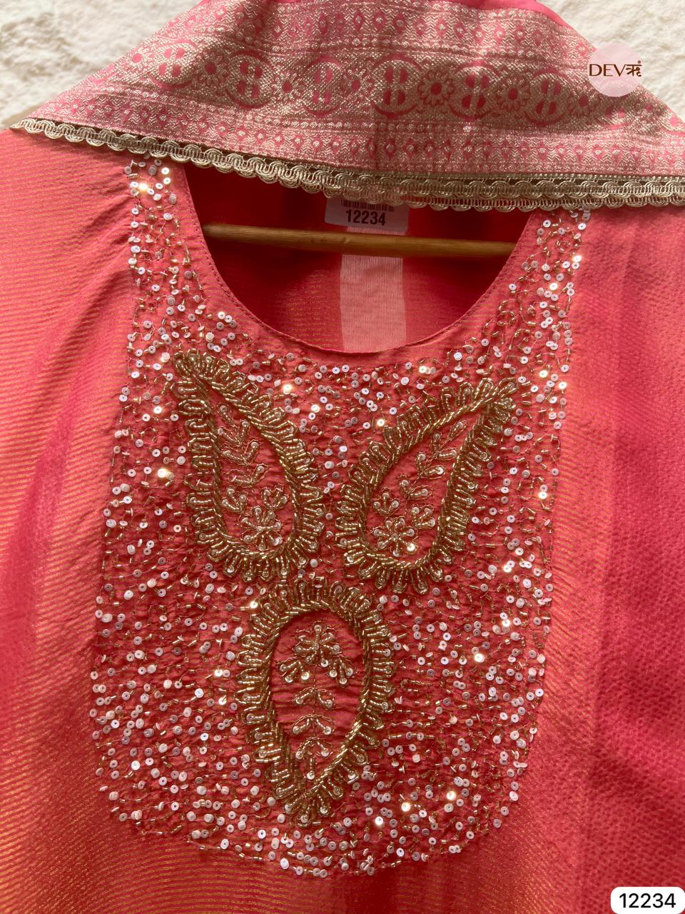 Coral Tissue Shimmer Silk Embroidered Unstitched 3-Piece Suit (Devri – D.No 12234)