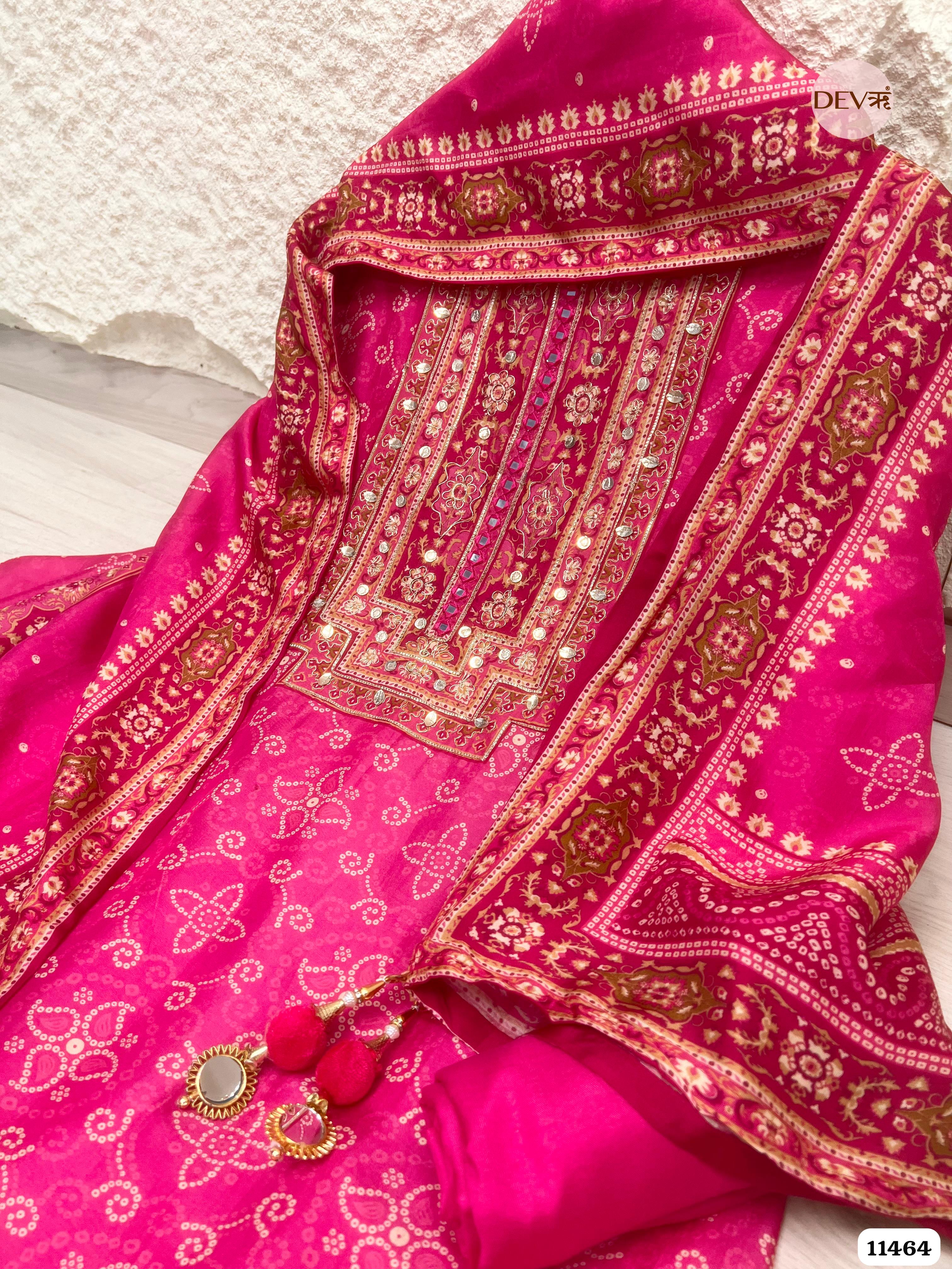 Pink Russian Silk Unstitched Printed Hand Embroidered -Set Of 3- {11464}