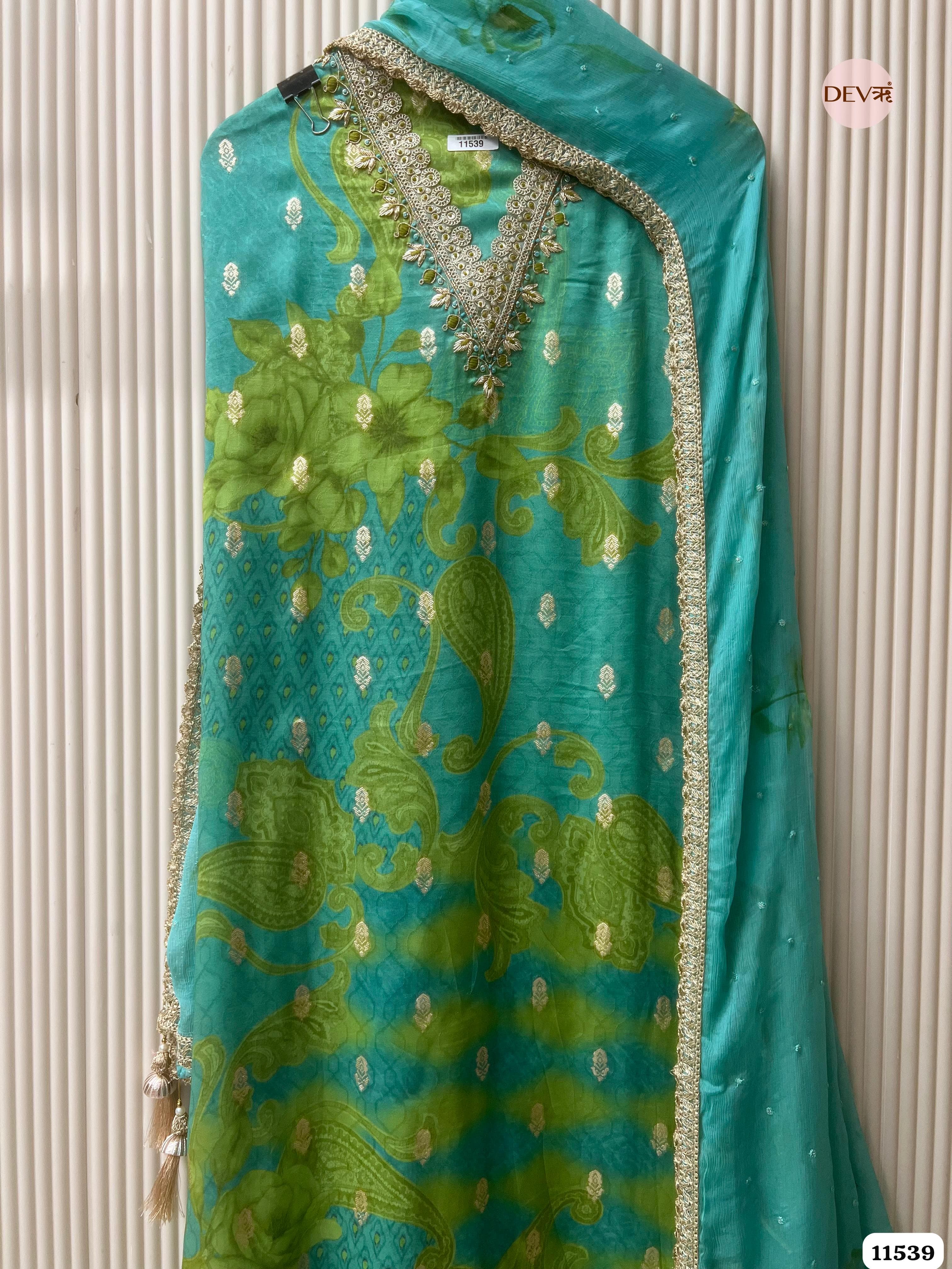 Green Pure Silk Unstitched Printed Hand Embroidered -Set Of 3 {11539}