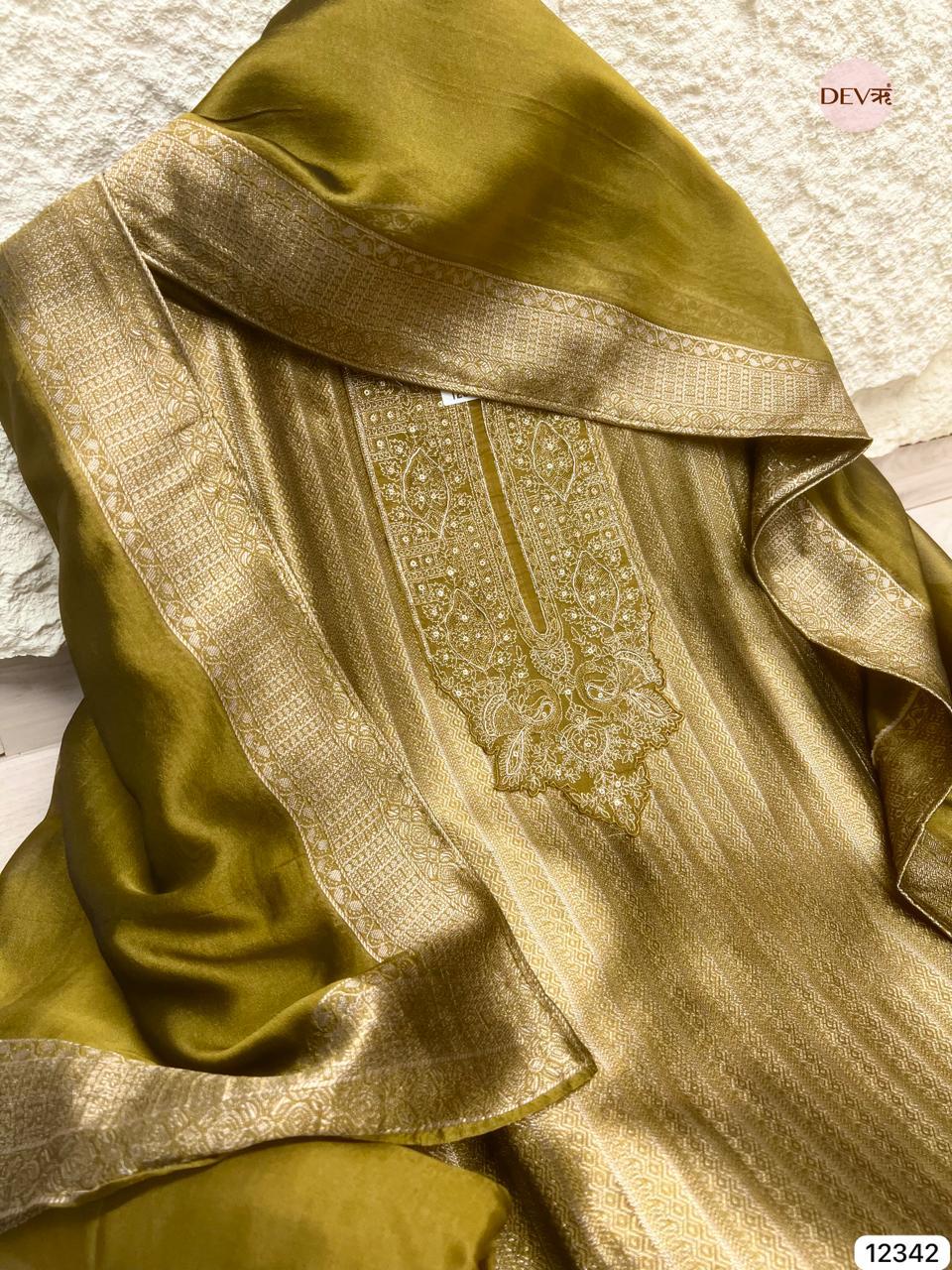Olive Gold Pure Banarasi Silk Woven Unstitched 3-Piece Suit (Devri – D.No 12342)