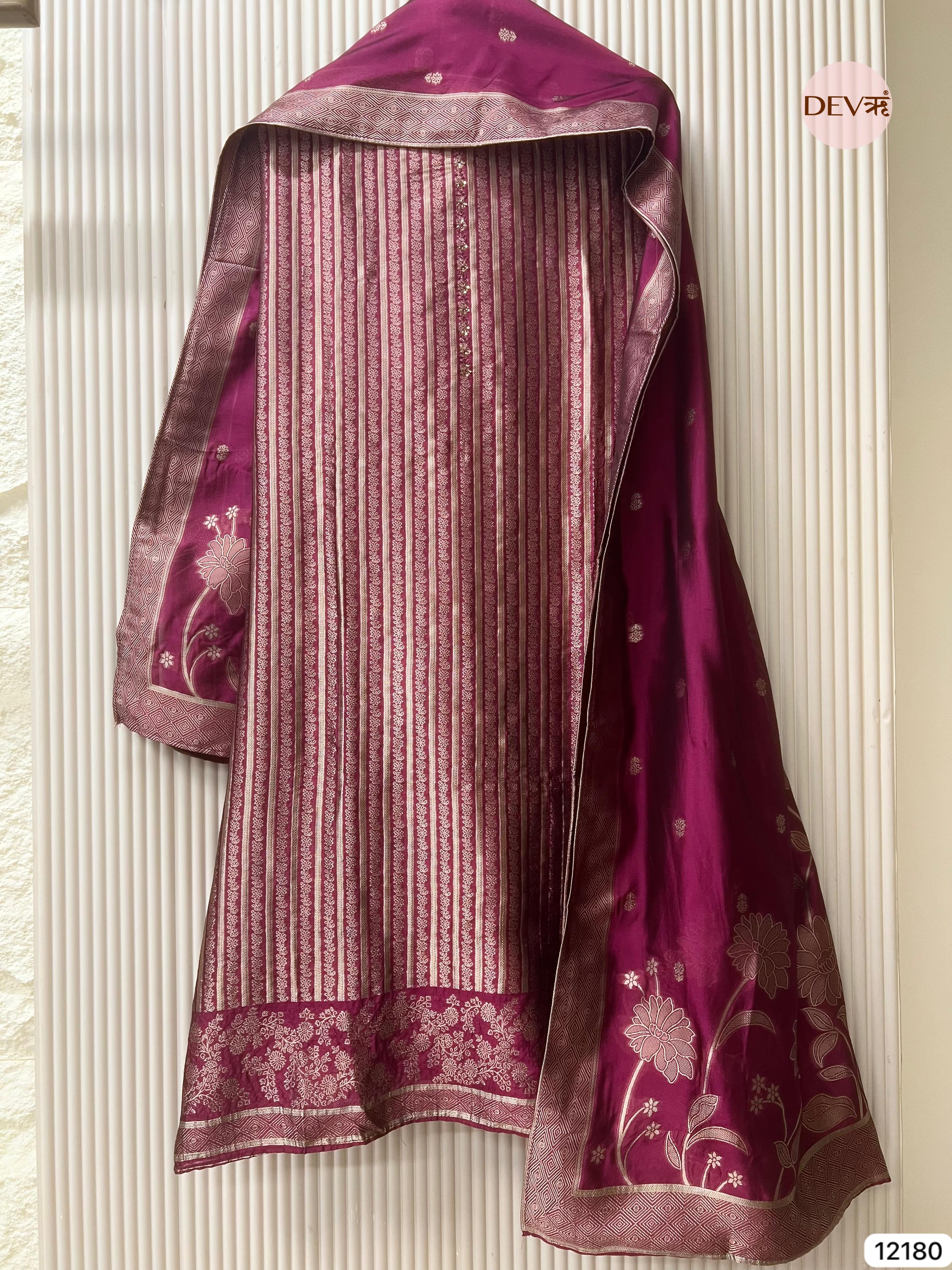 Maroon Pure Banarasi Silk Unstitched Hand Embroidered-Set of 3 - {12180}