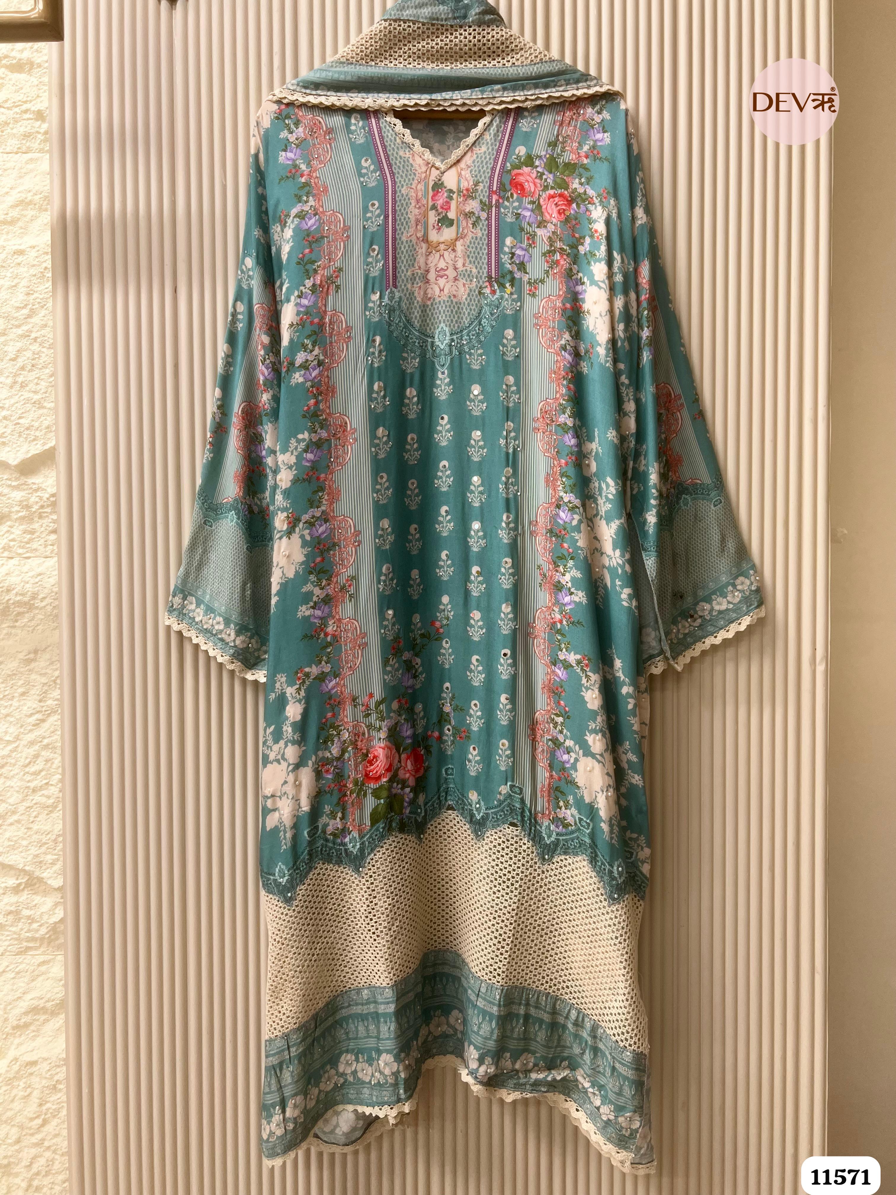 Green Muslin Printed Semi Stitched Hand Embroidered -Set Of 3 {11571}