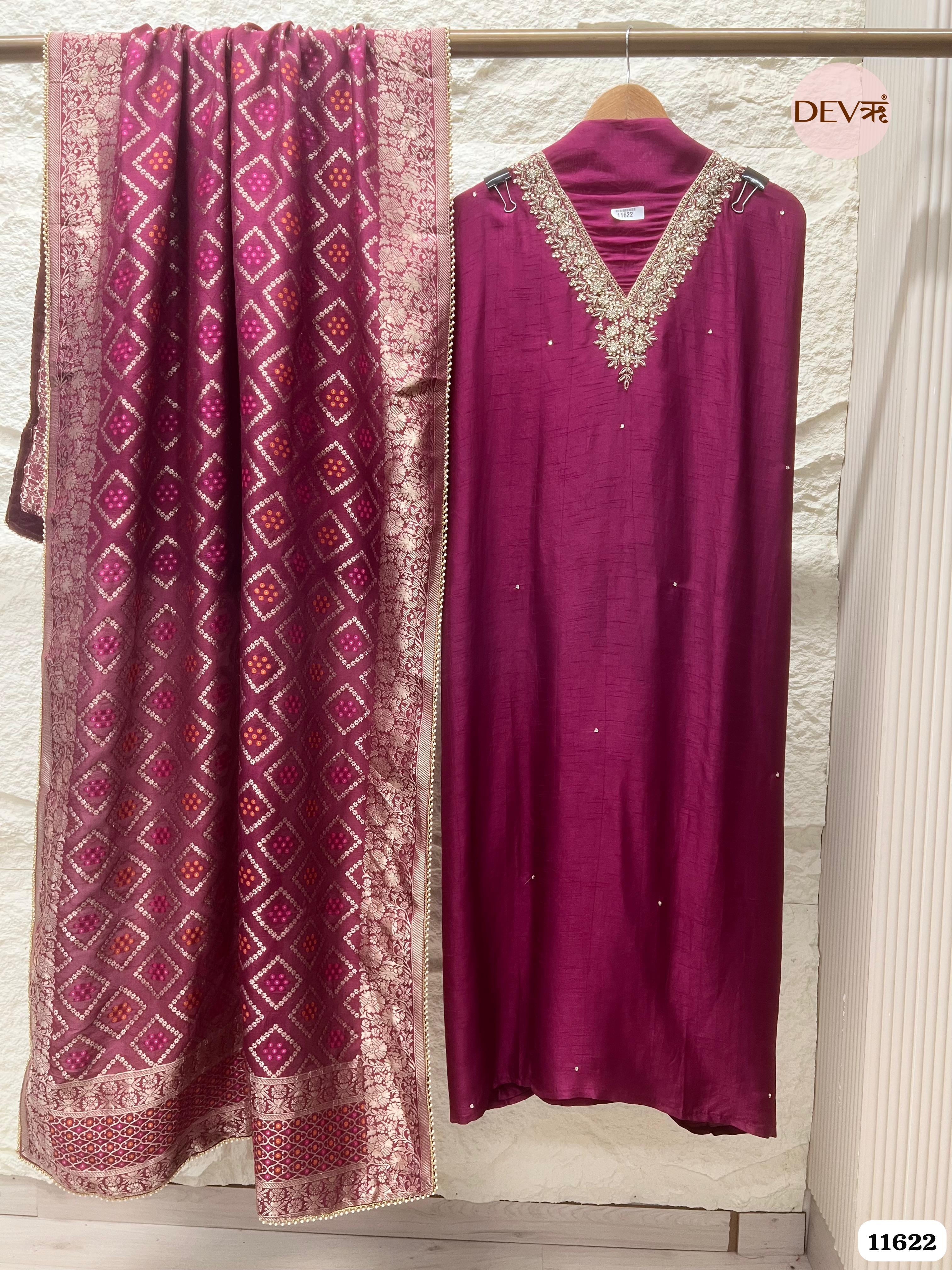 Magenta Pink Pure Russian Silk Unstitched Hand Embroidered -Set Of 3 {11622}