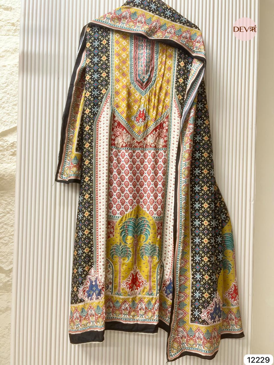 Multicolour Pure Muslin Printed Unstitched 3-Piece Suit (Devri – D.No 12229)