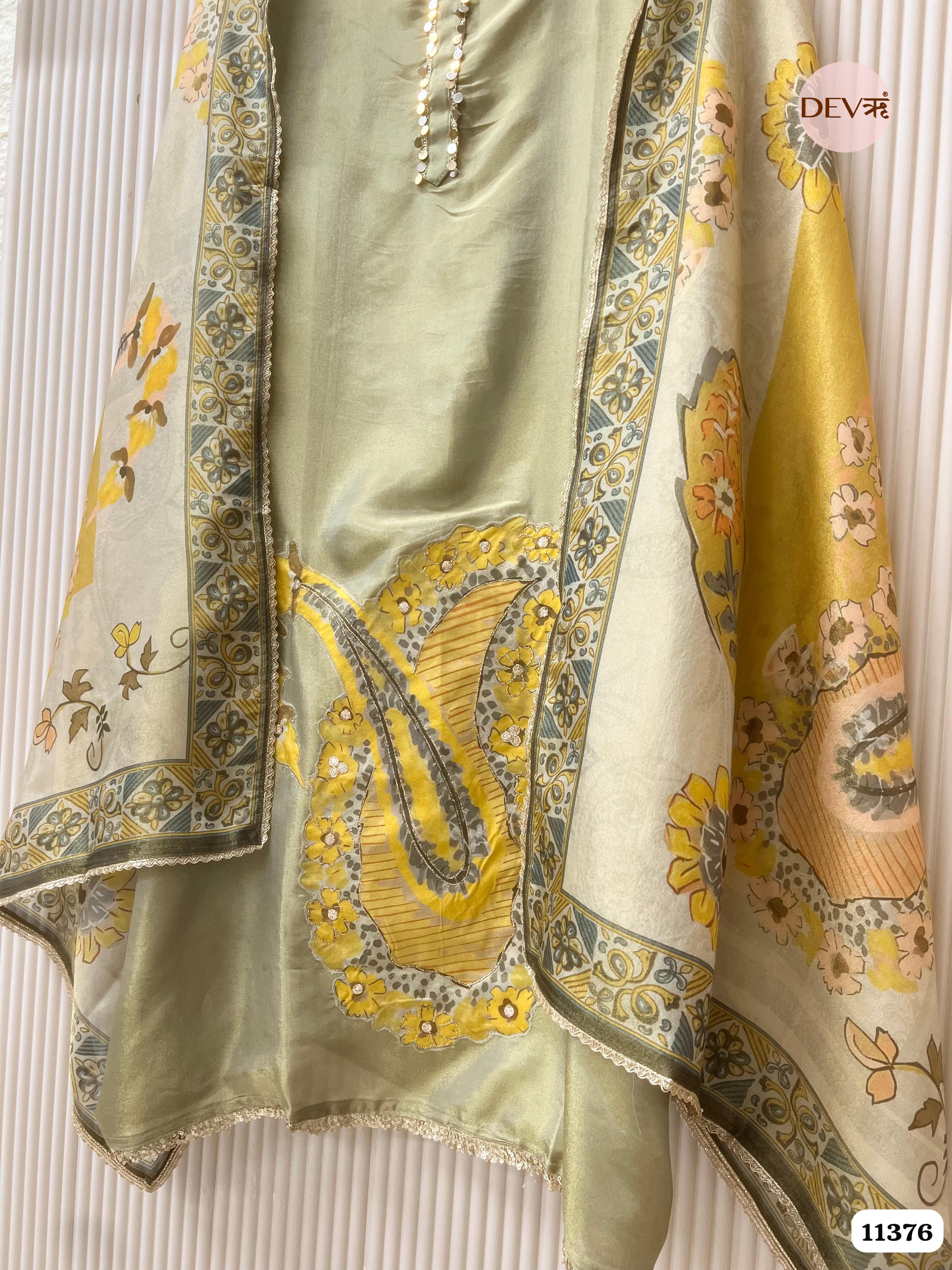 Green Tissue Silk Unstitched Embroidered -Set Of 3 {11376}