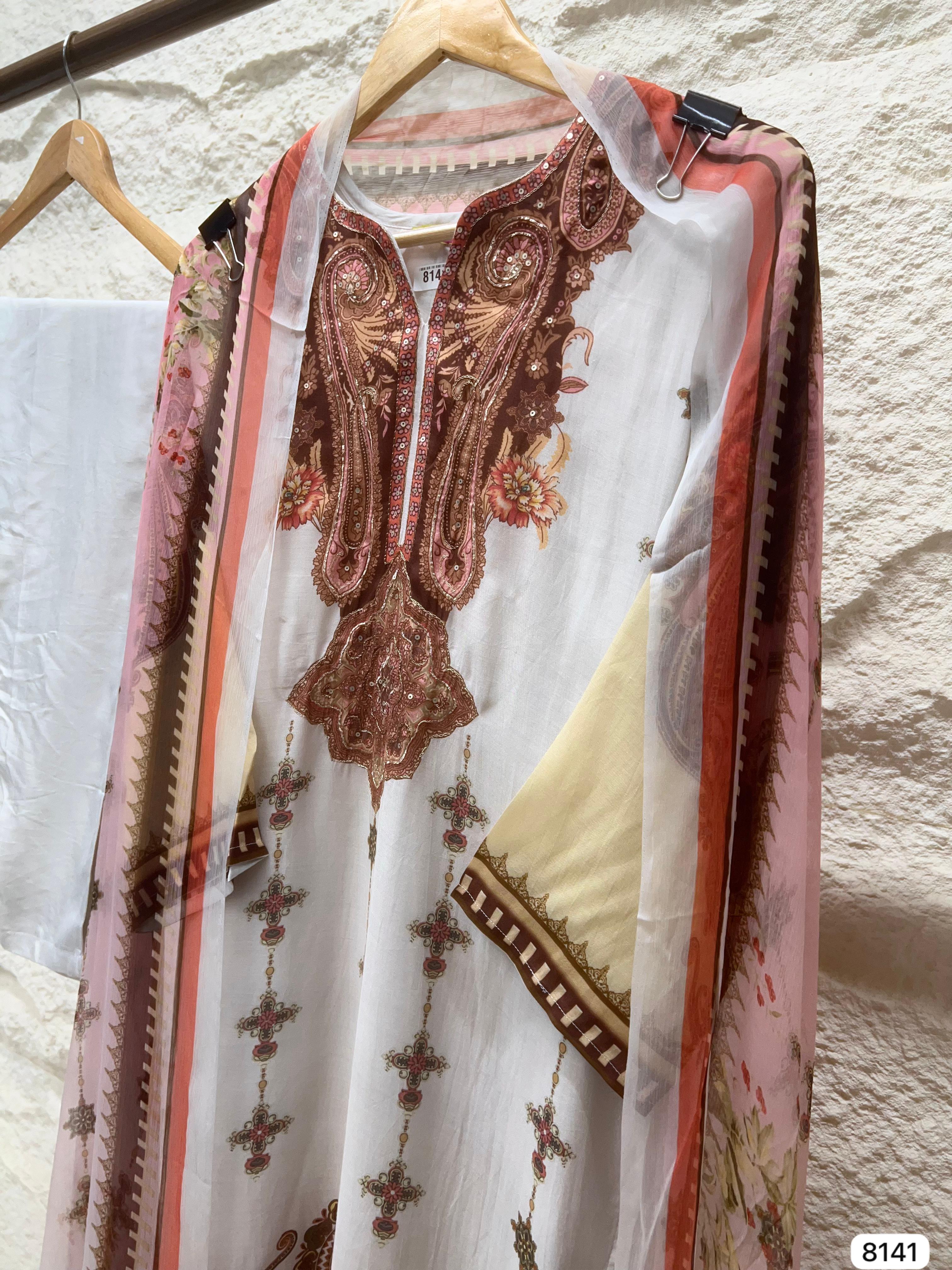 Inara Muslin Digital Printed White &amp; Rose 3-Piece Set (Devri – D.No 8141)