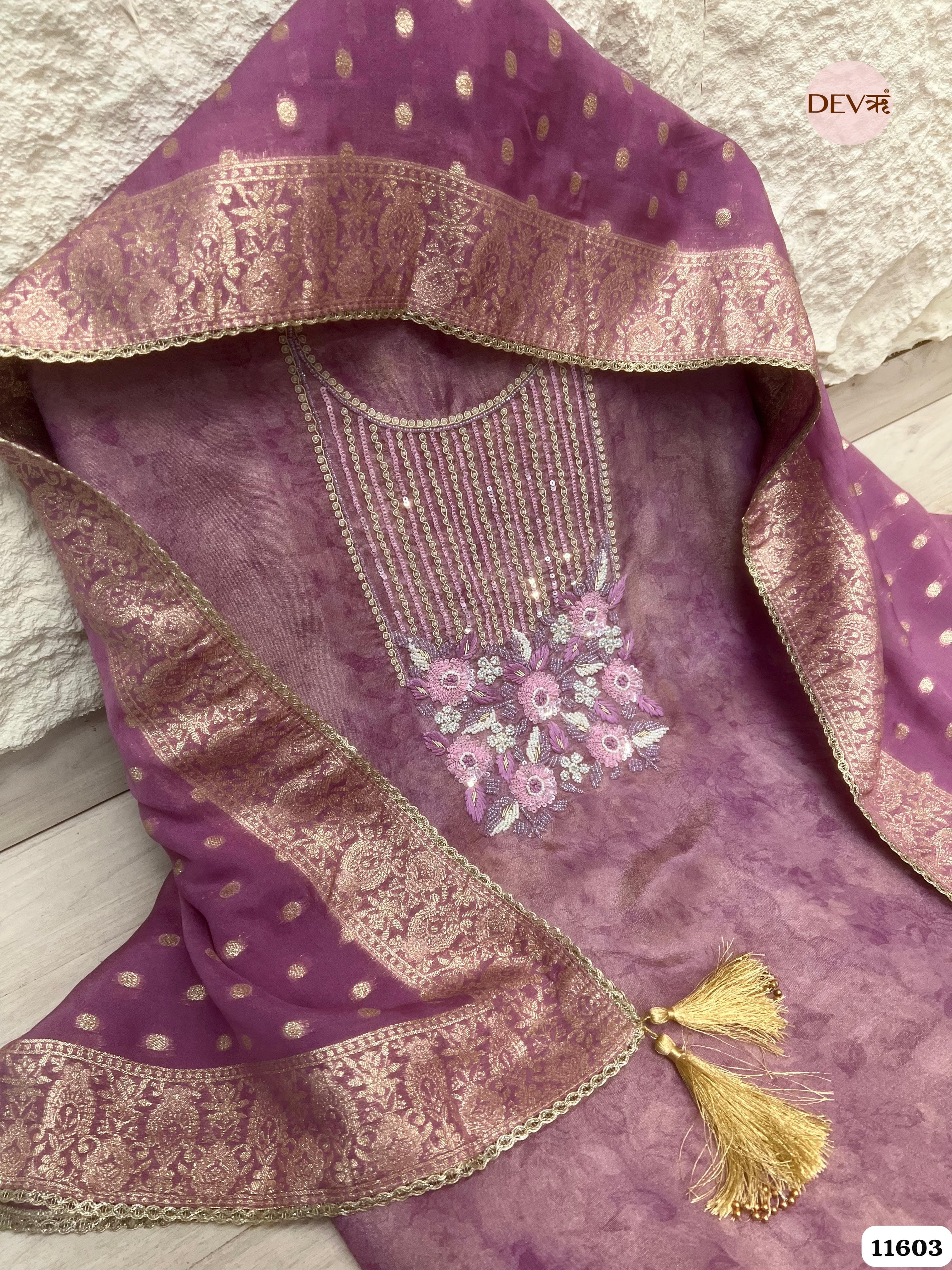 Purple Tissue Silk Unstitched Hand Embroidered -Set Of 3 {11603}