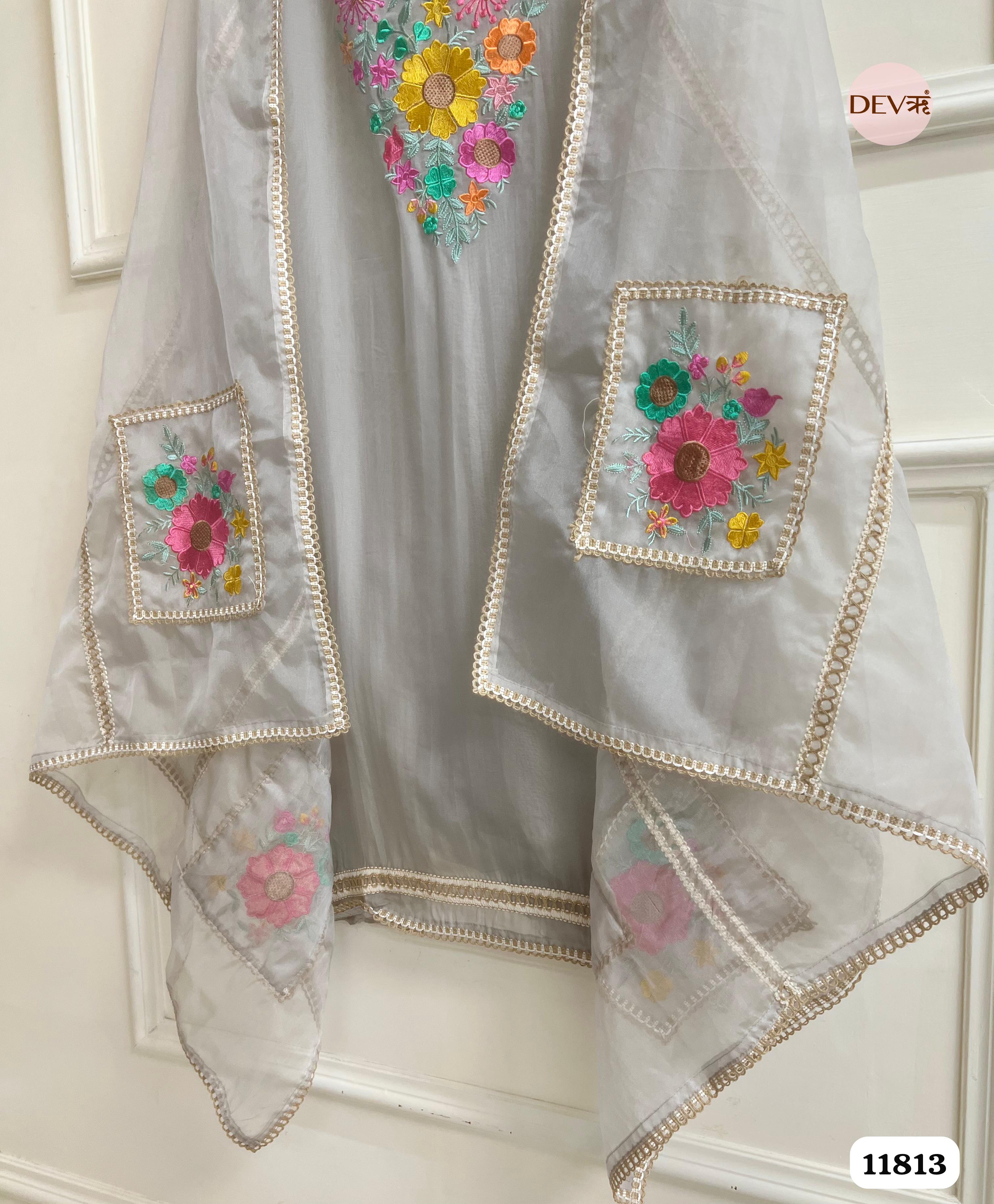 Silver Organza Unstitched Embroidered -Set Of 3 {11813}