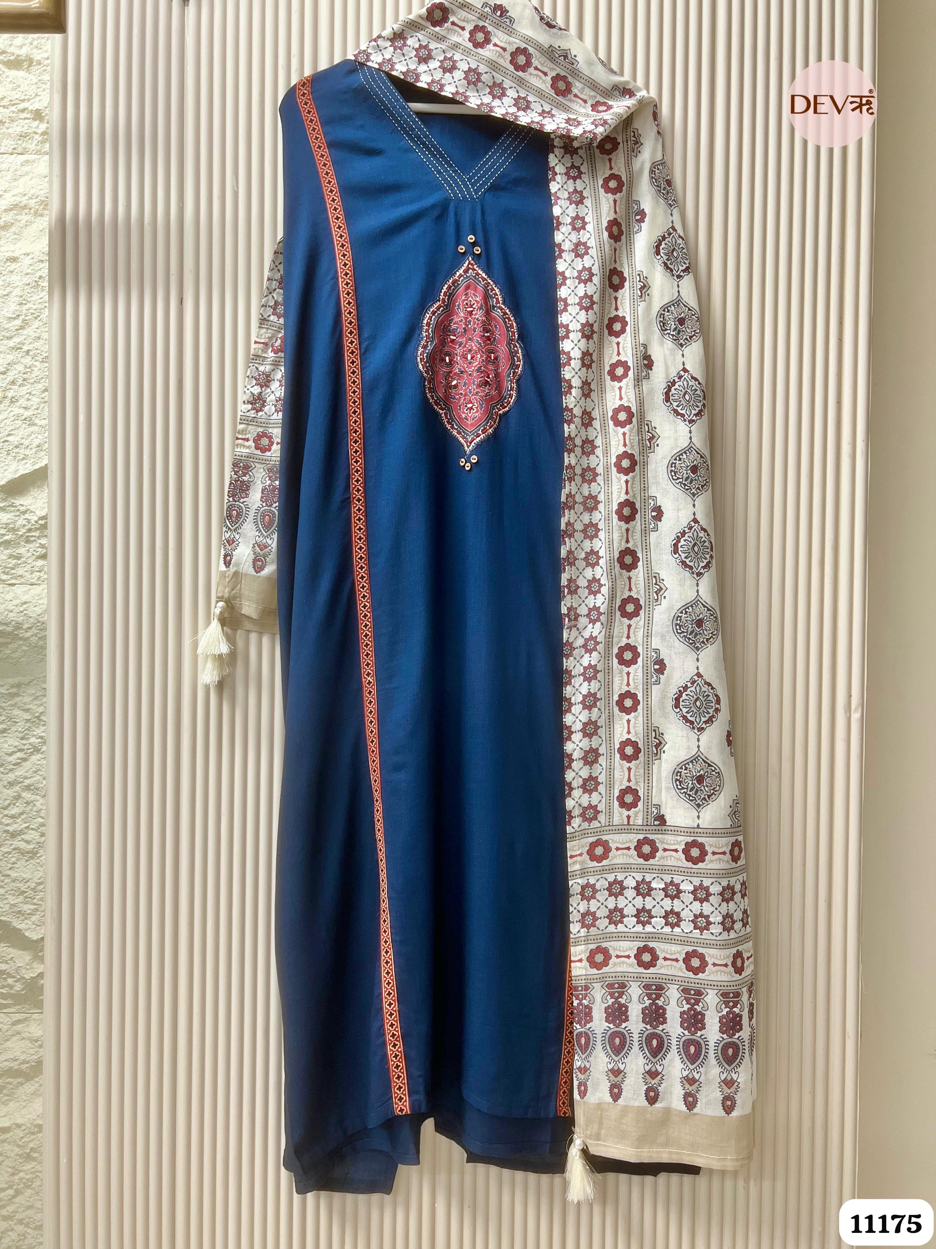Blue Slub Cotton Unstitched Hand Embroidered -Set Of 3 {11175}