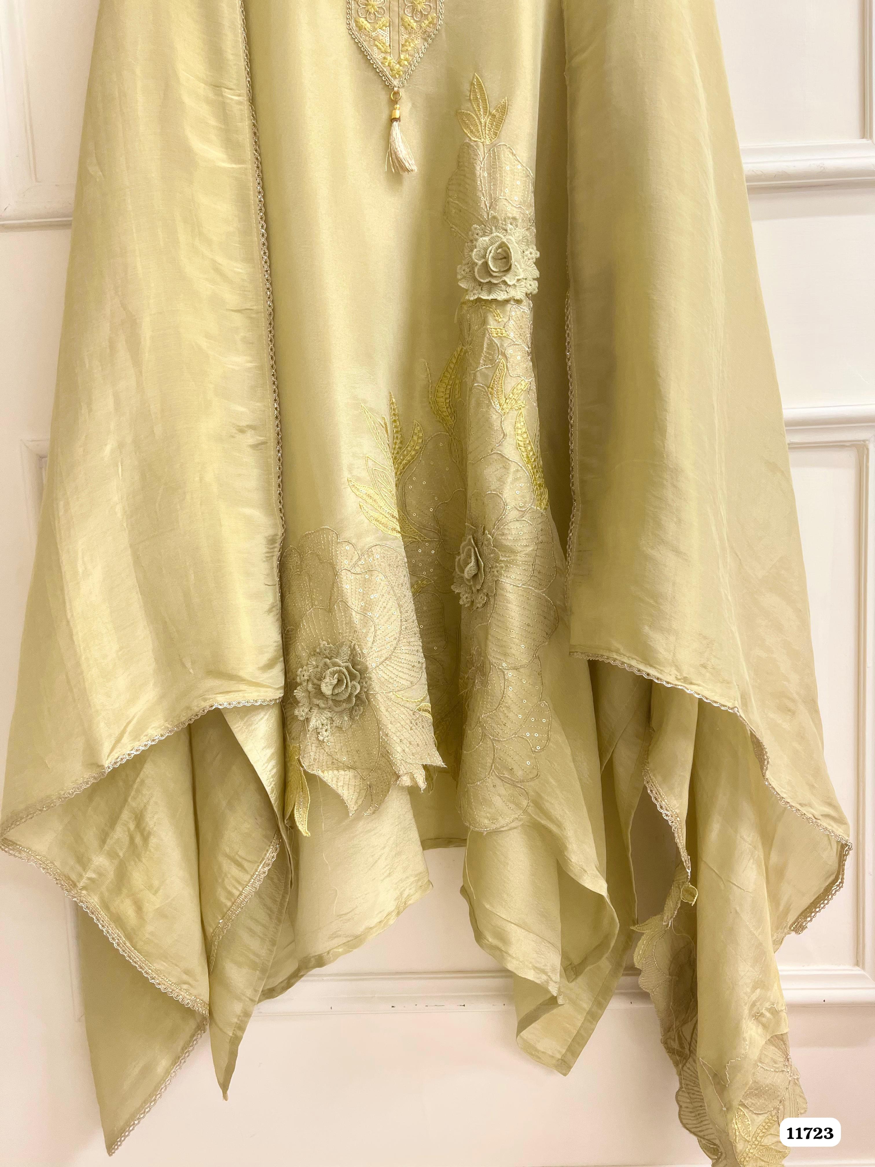 Green Tissue Silk Unstitched Embroidered -Set Of 3 {11723}