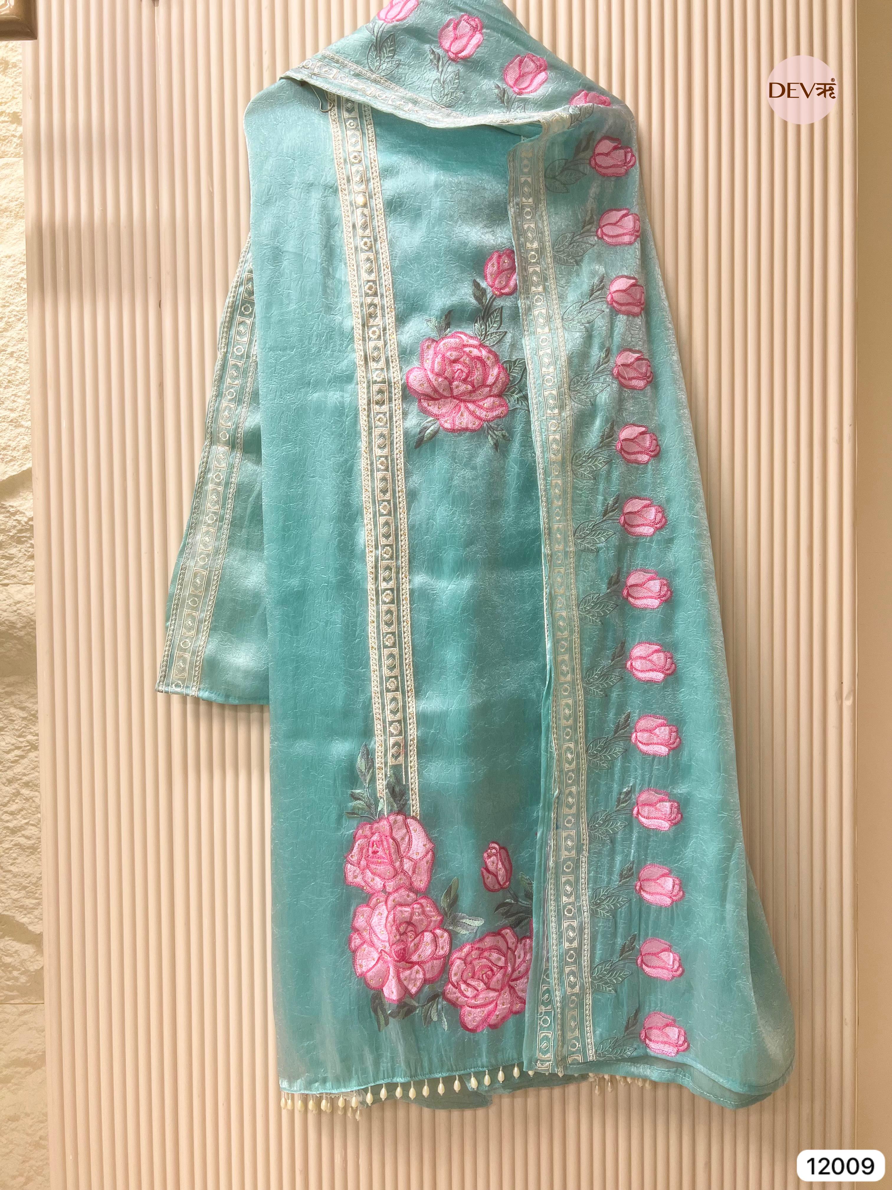 Blue Tissue Organza Silk Unstitched Embroidered -Set Of 3- {12009}