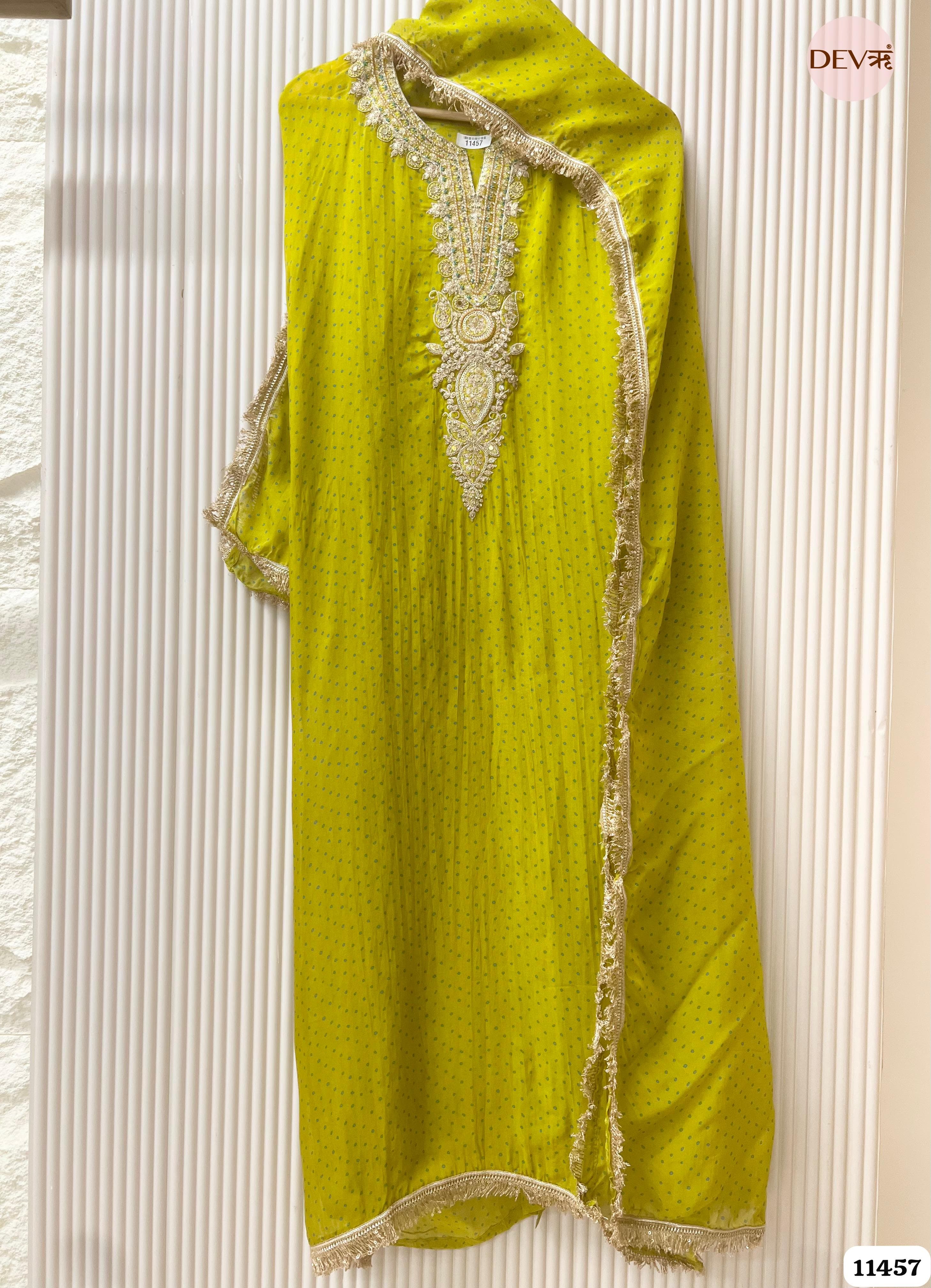 Green Pure Organza Printed Hand Embroidered -Set Of 3 {11457}