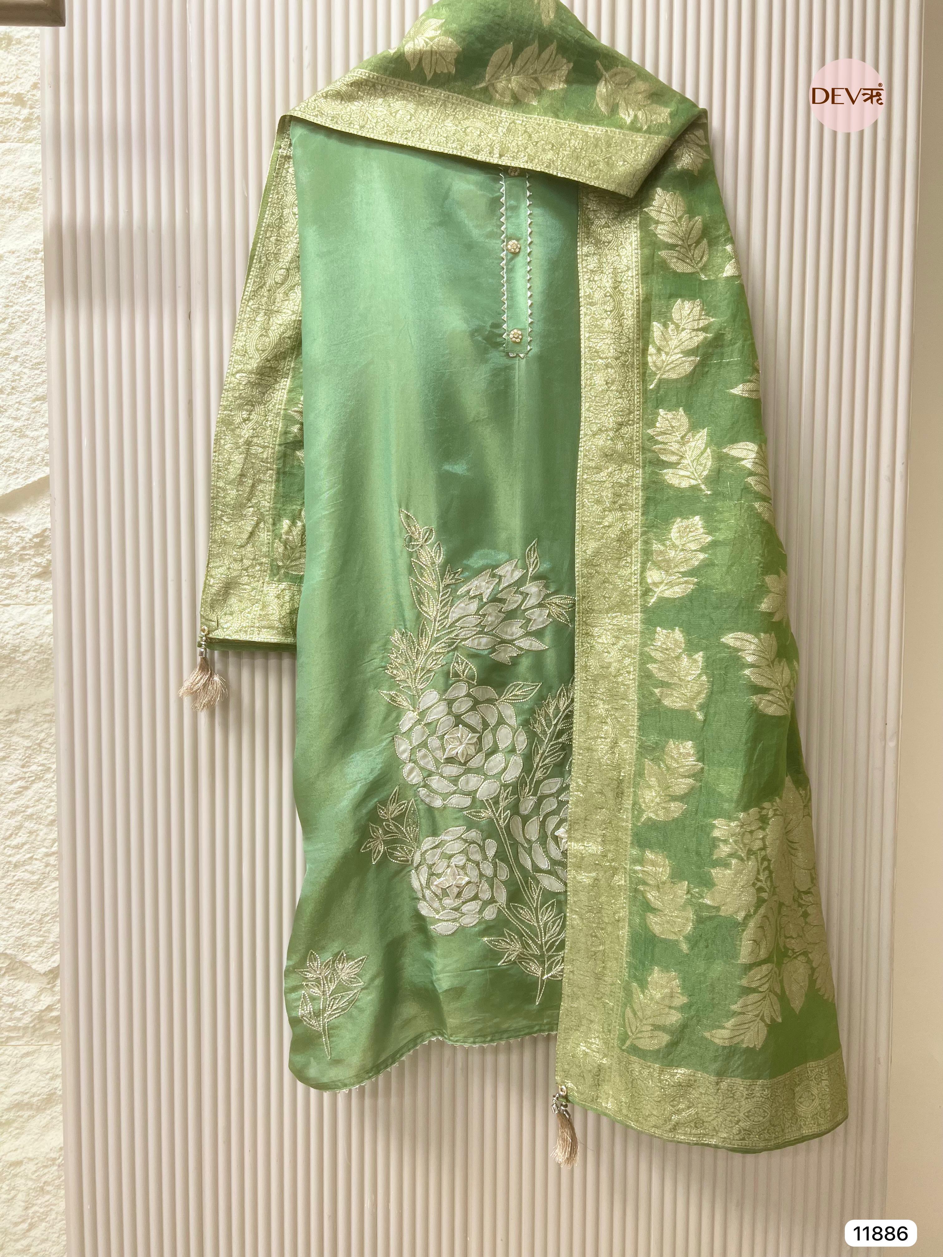 Green Tissue Shimmer Silk Unstitched Hand Embroidered -Set Of 3 - {11886}