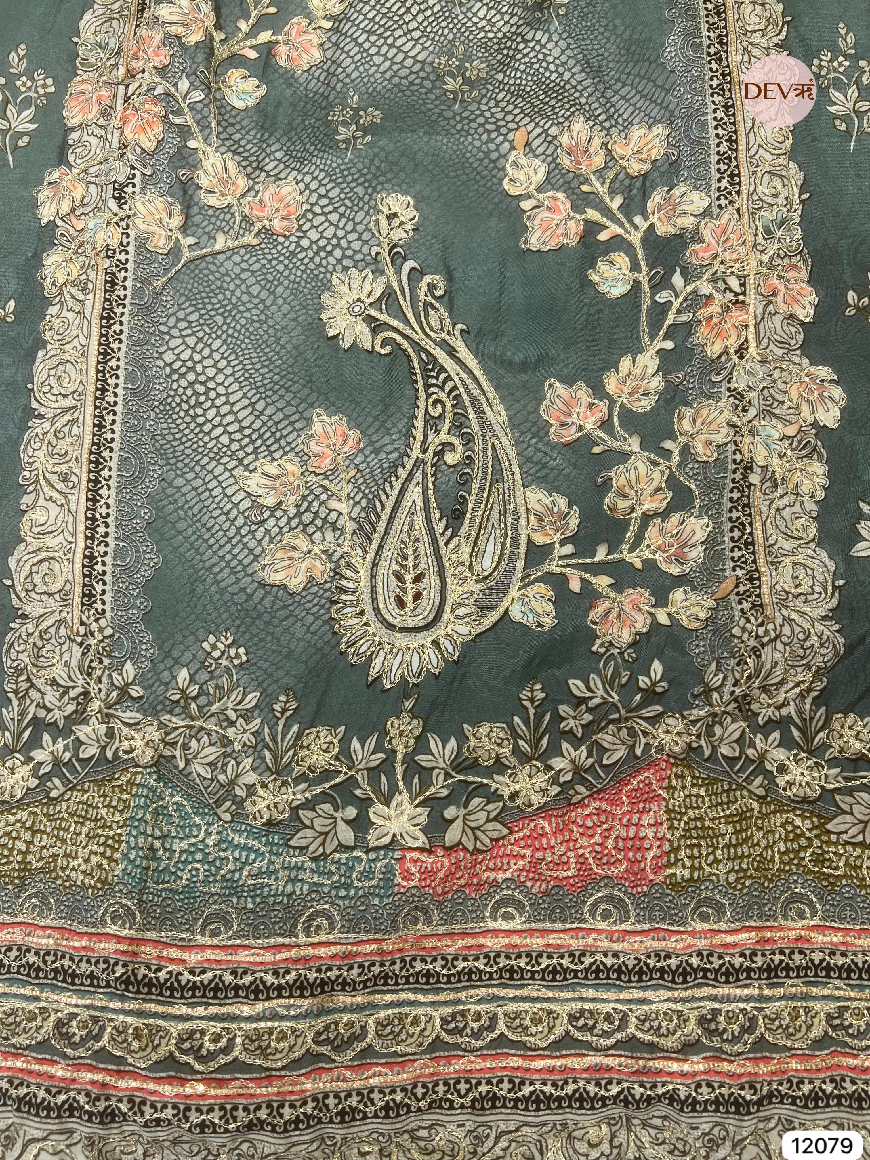 Green Pure Muslin Unstitched Printed With Hand Zardosi Embroidery -Set Of 3 - {12079}