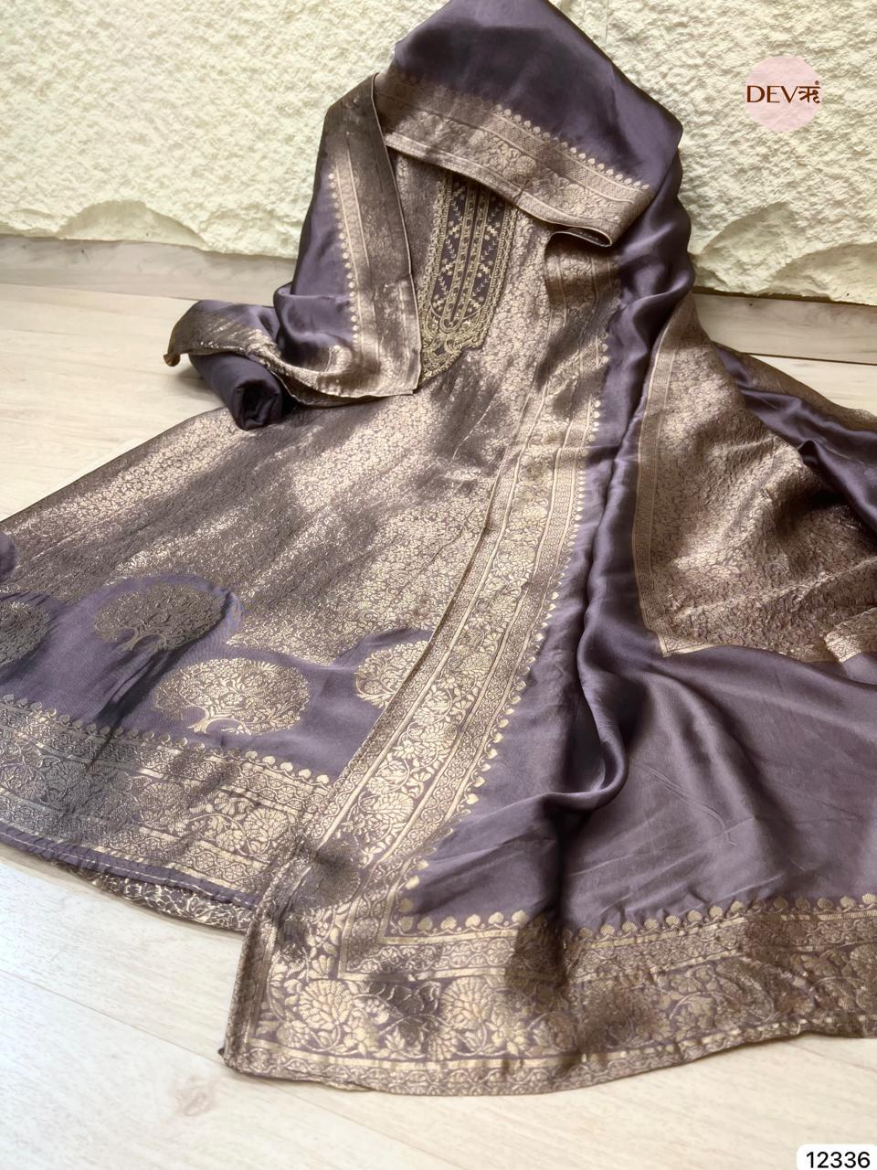 Soft Mauve Pure Banarasi Silk Embroidered Unstitched 3-Piece Suit (Devri – D.No 12336)