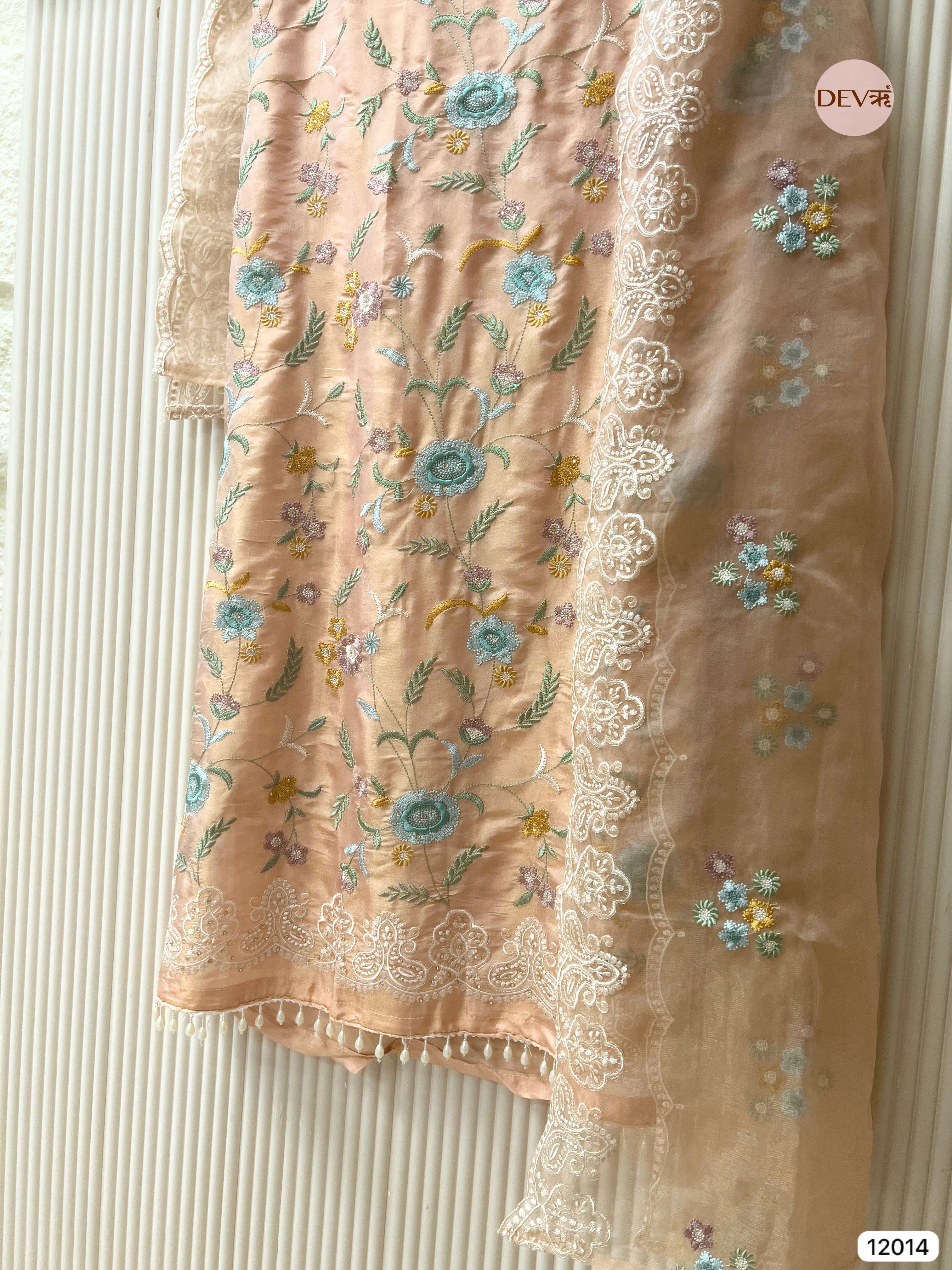 Beige Shimmer Tissue Silk Unstitched Embroidered -Set Of 3- {12014}