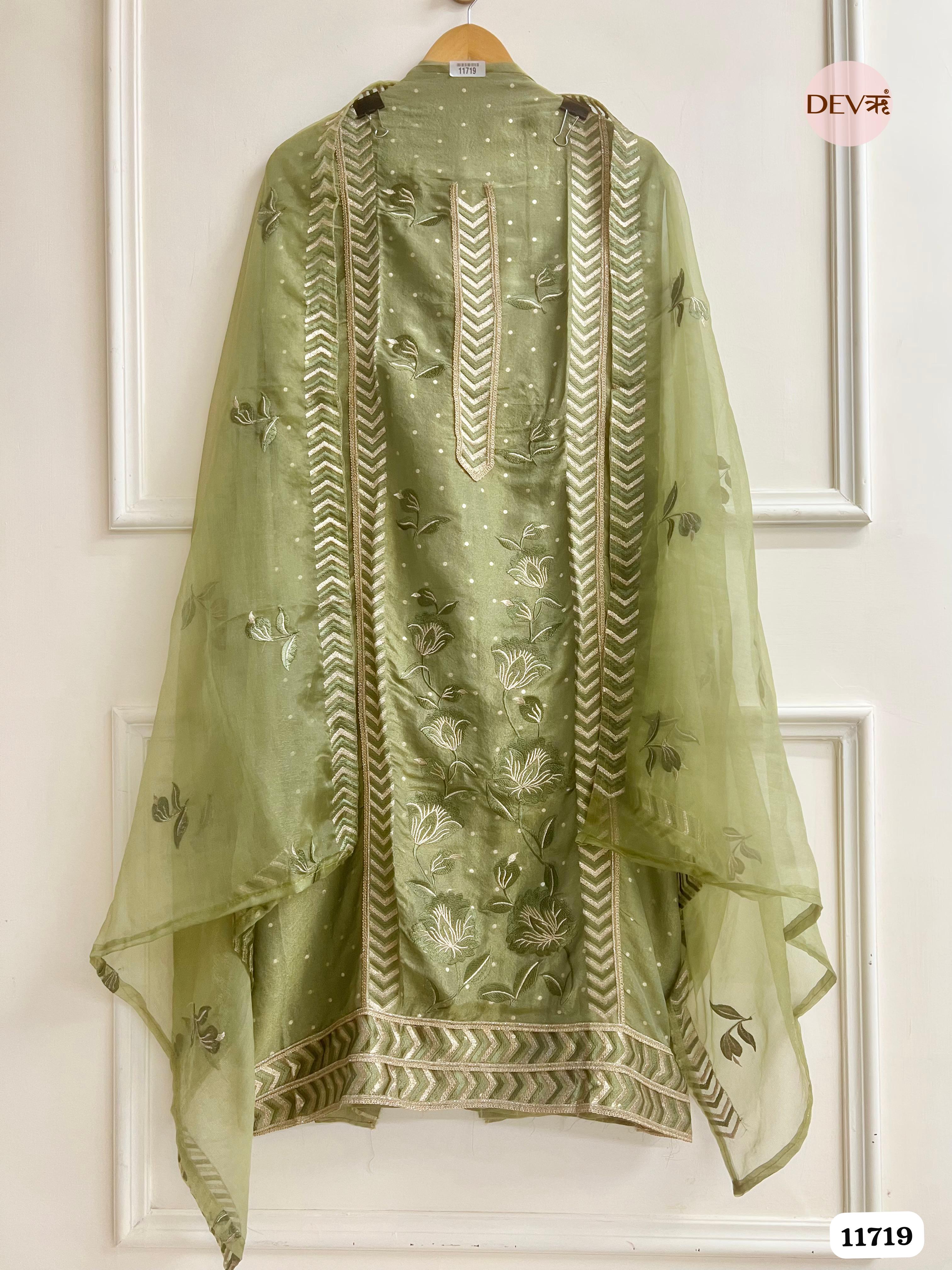 Green Tissue Shimmer Unstitched Embroidered -Set Of 3 {11719}