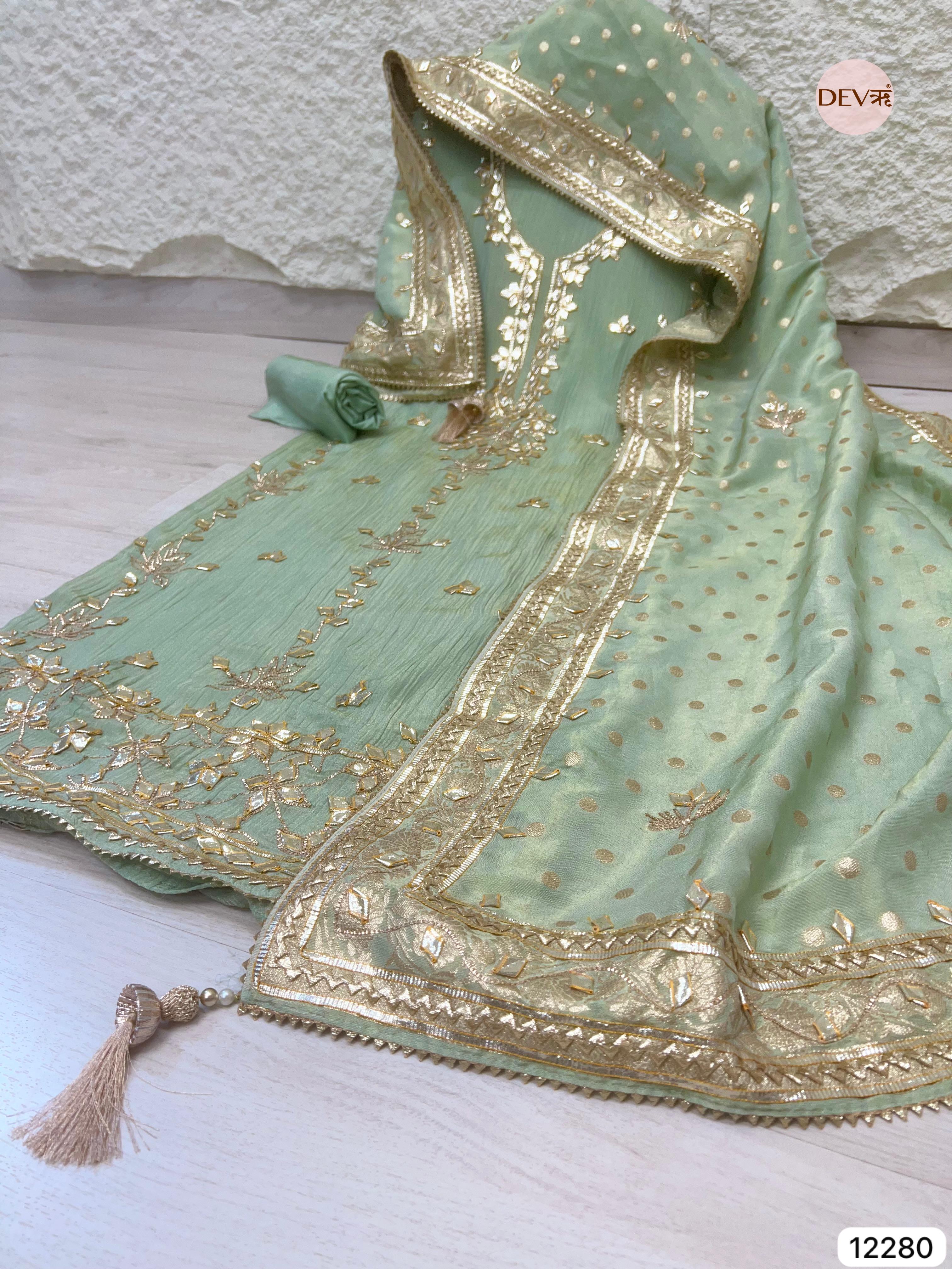 Green Pure Chinon Unstitched Hand Embroidered -Set Of 3 - {12280}