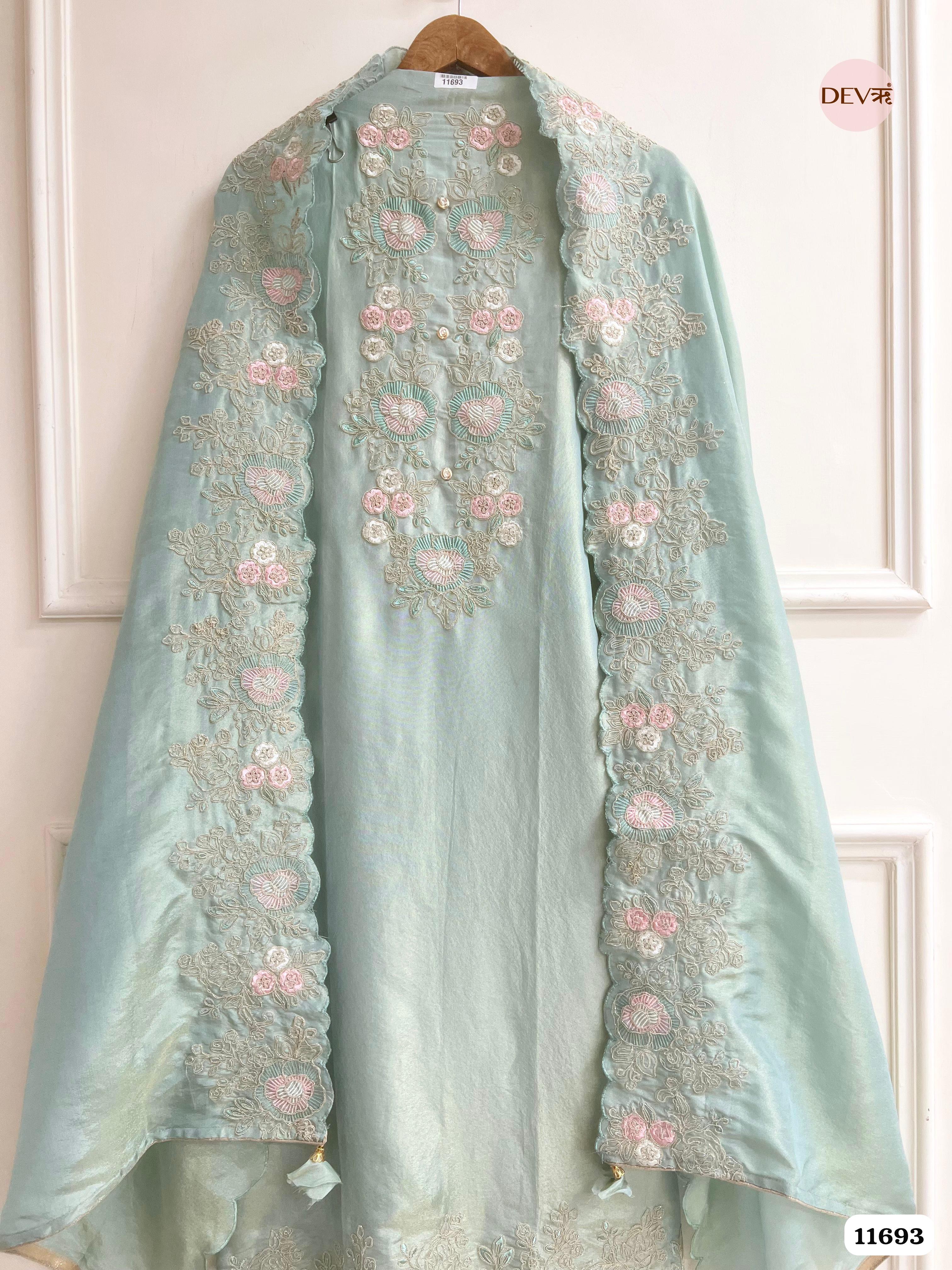 Mint Green Tissue Silk Unstitched Embroidered -Set Of 3 {11693}