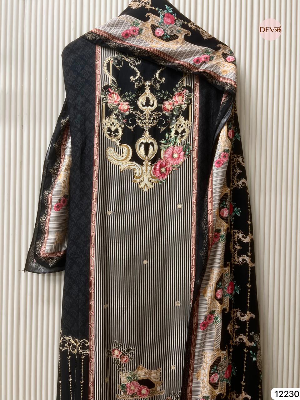 Black Pure Muslin Printed Unstitched 3-Piece Suit (Devri – D.No 12230)