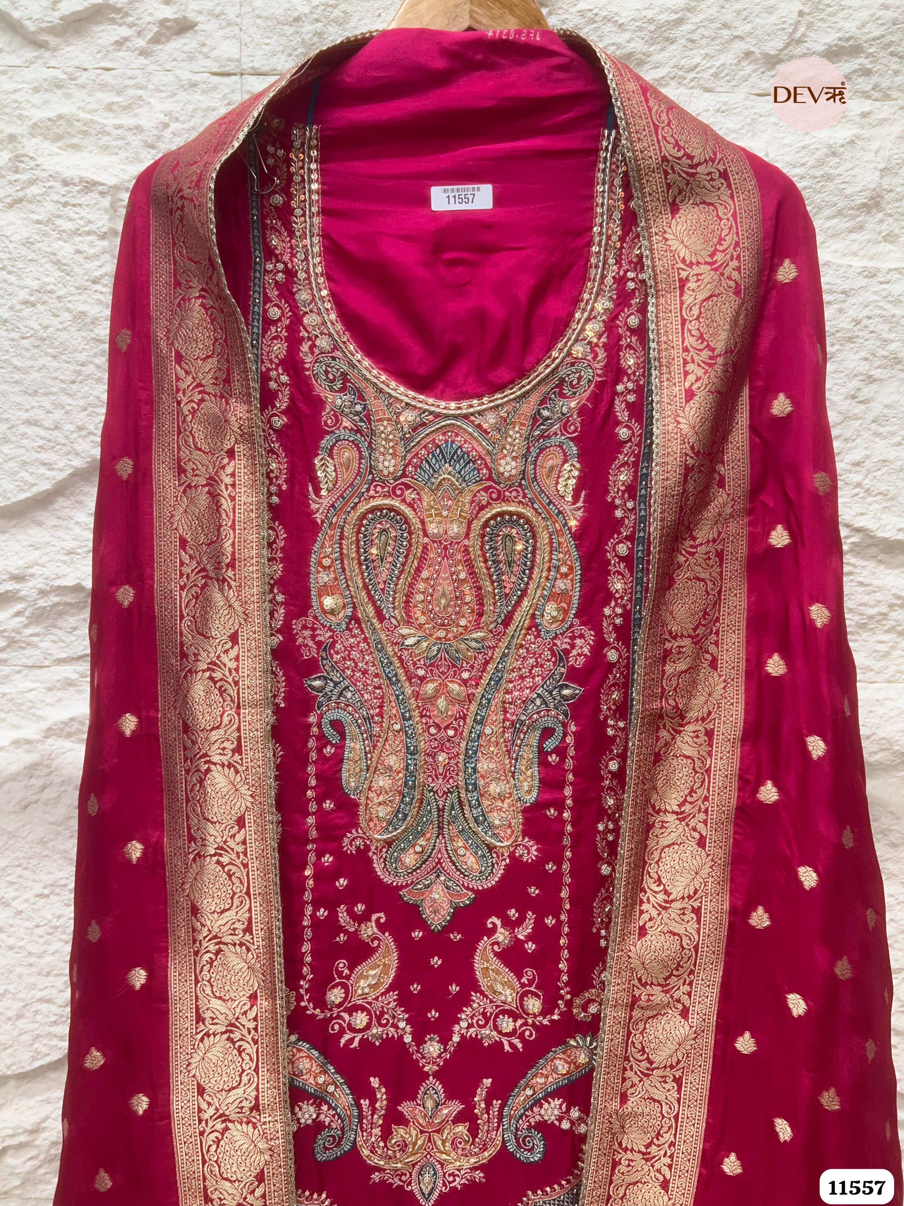 Rani Pink Pure Dola Silk Unstitched Hand Embroidered Banarasi Weave -Set Of 3 {11557}