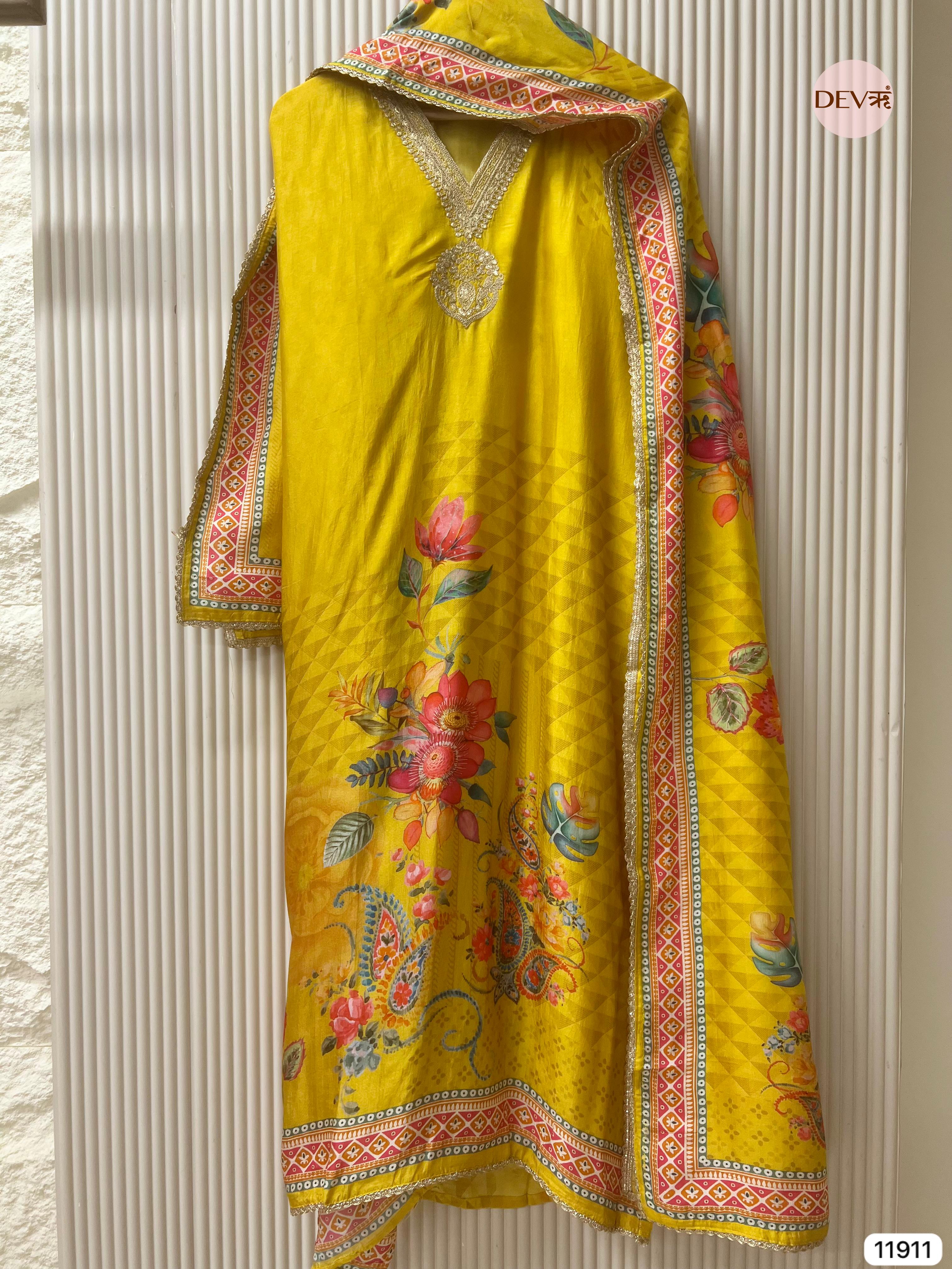 {11911} Yellow Pure Russian Silk Unstitched Printed Embroidered -Set Of 3