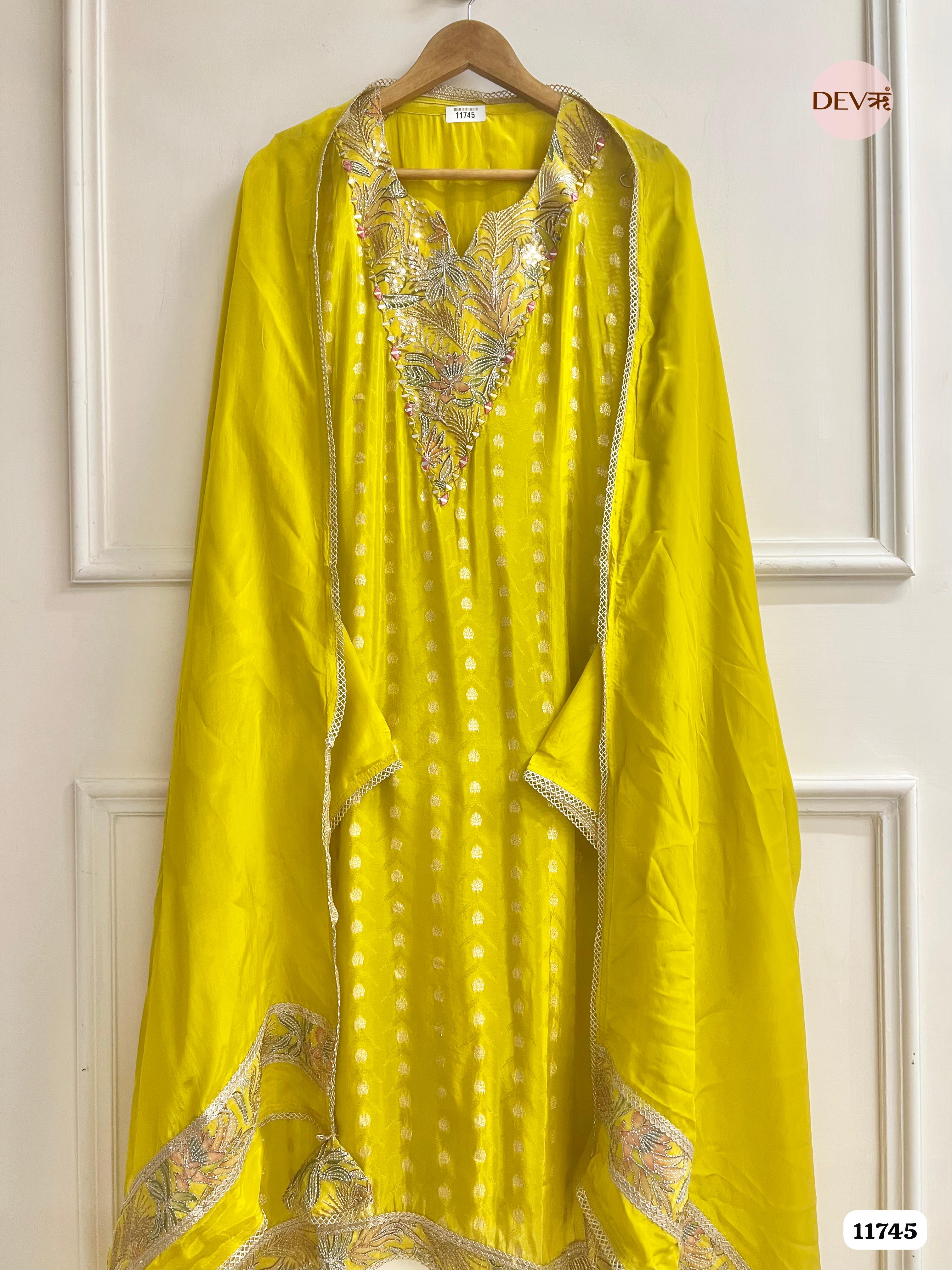 Yellow Tissue Shimmer Silk UnstitchedHand Embroidered -Set Of 3 {11745}