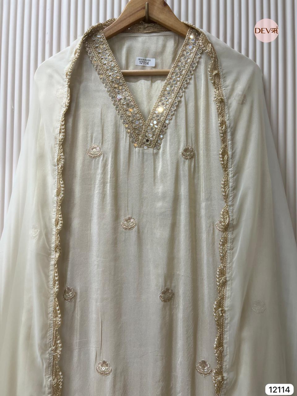 Ivory Tissue Shimmer Silk Embroidered Unstitched 3-Piece Suit (Devri – D.No 12114).