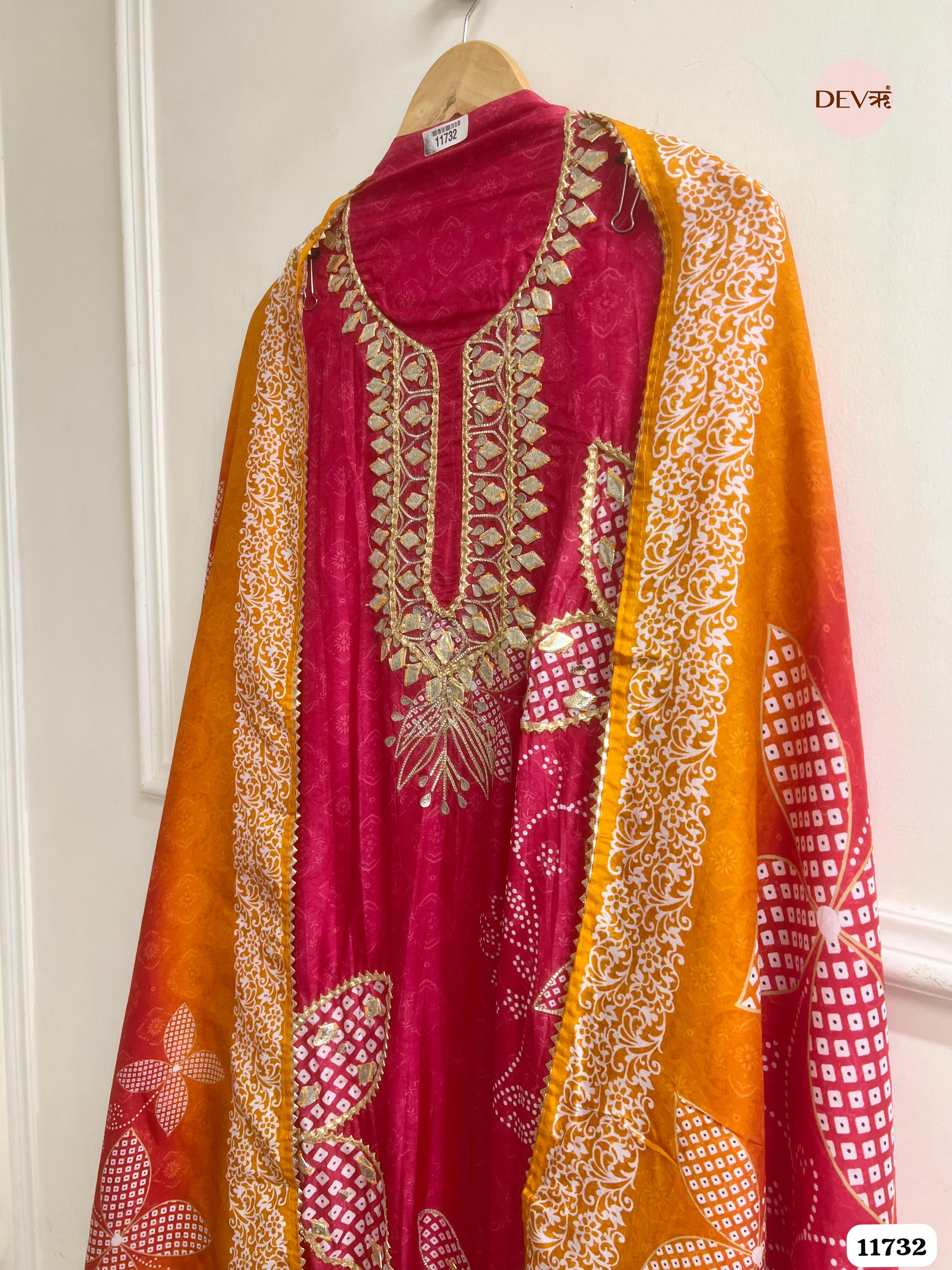 Rani Pink Russian Silk Semi Stitched Printed Hand Embroidered -Set Of 3- {11732}
