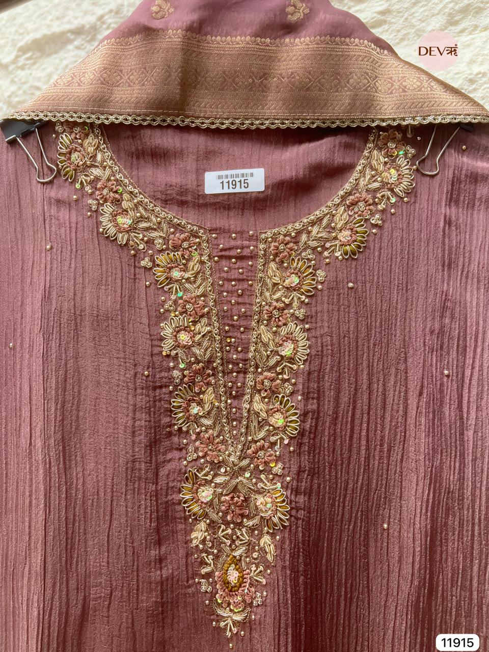 Purple Pure Tissue Silk Crush Unstitched Hand Embroidered -Set Of 3 - {11915}