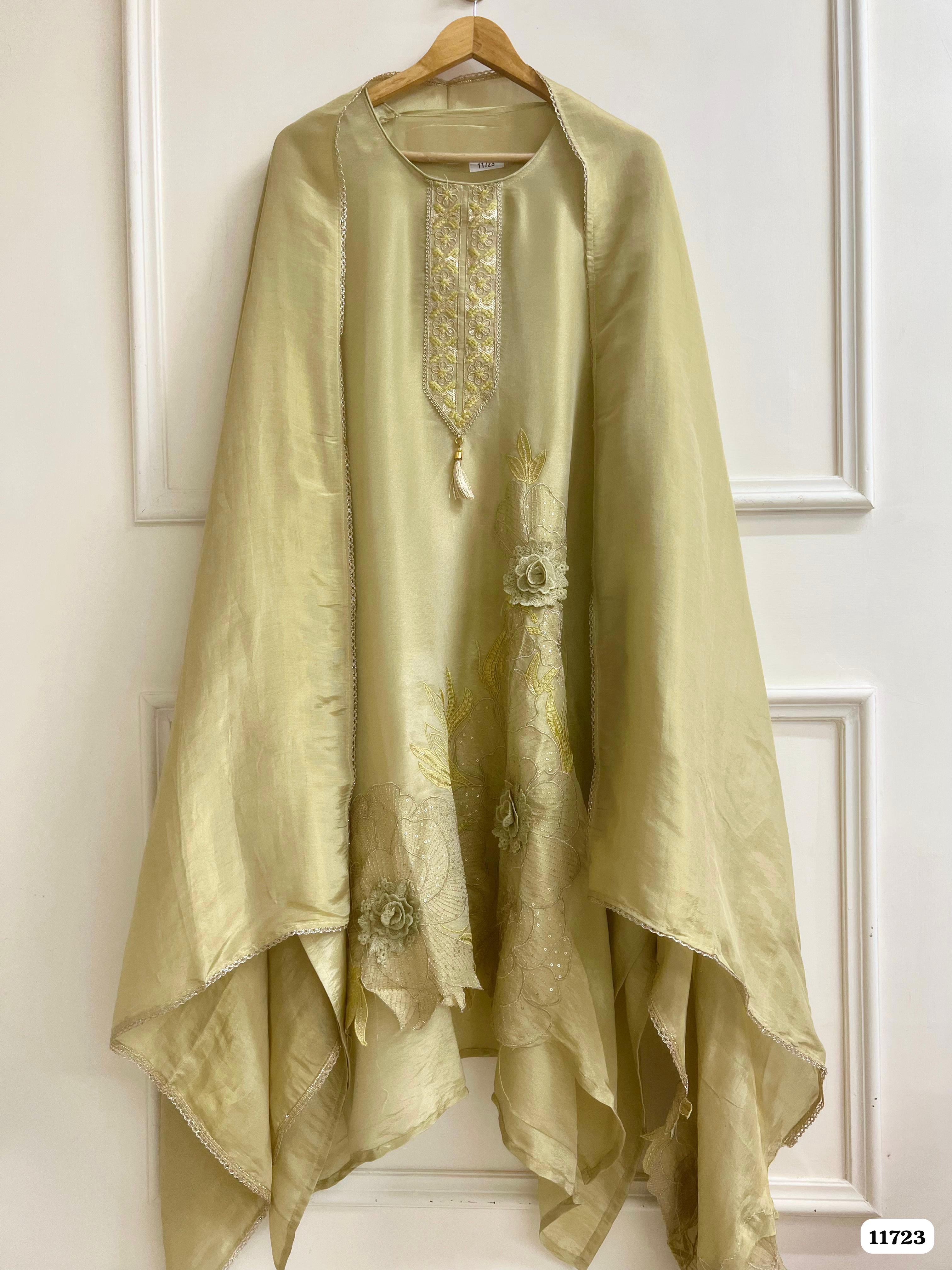 Green Tissue Silk Unstitched Embroidered -Set Of 3 {11723}