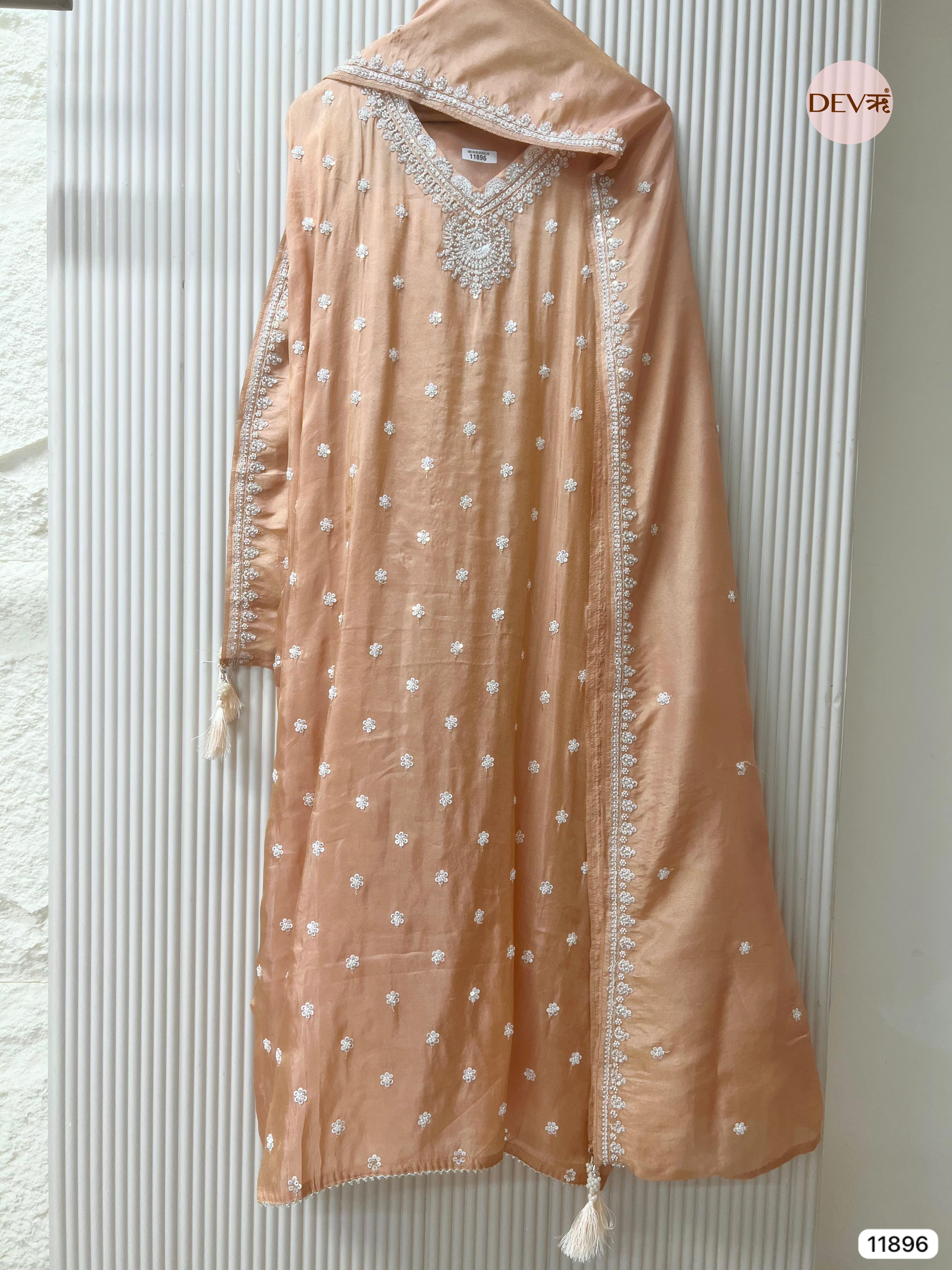 Light Orange Shimmer Tissue Silk Unstitched Embroidered -Set Of 3- {11896}