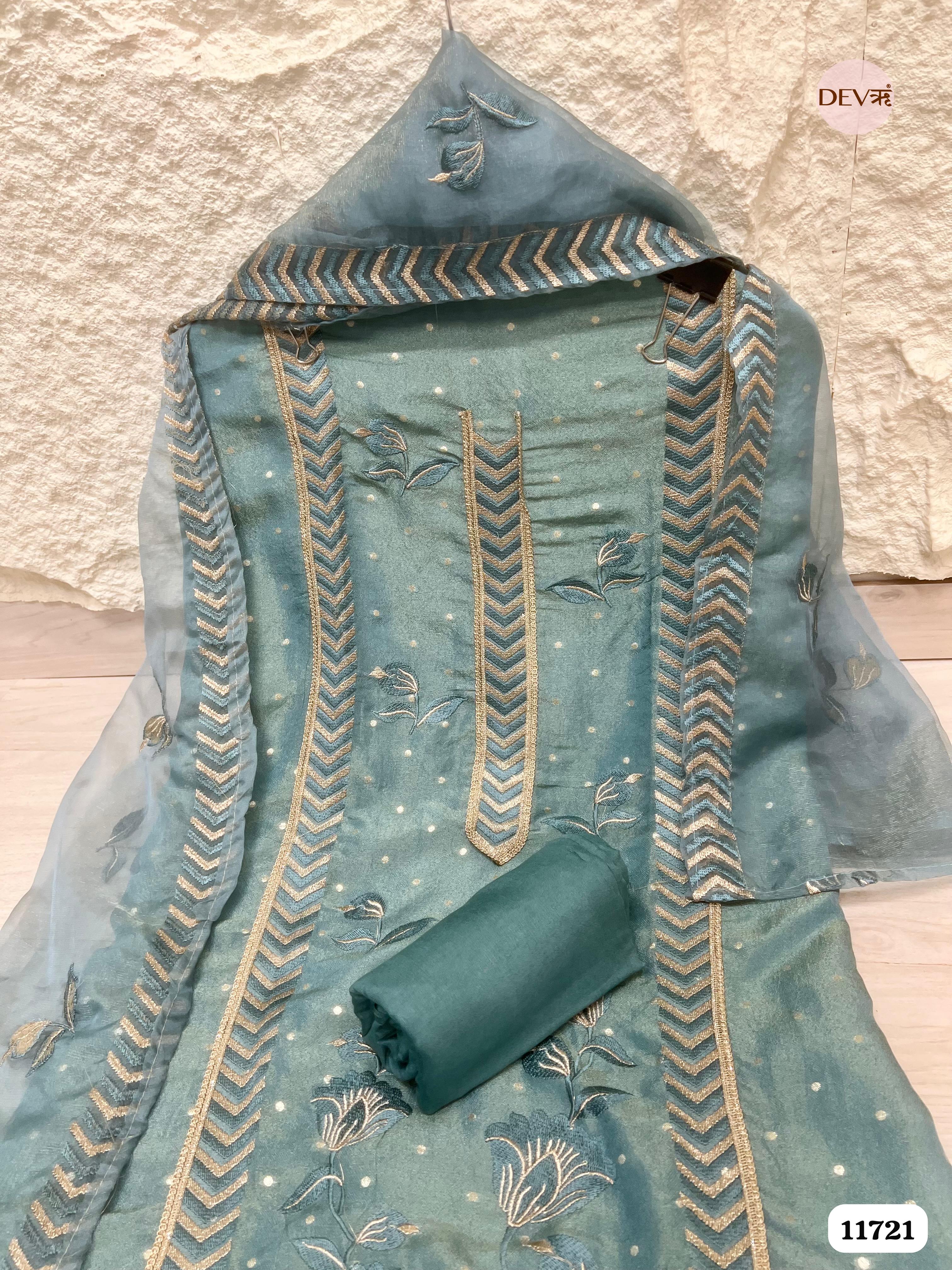 Bluesh Green Tissue Shimmer Unstitched Embroidered -Set Of 3 {11721}