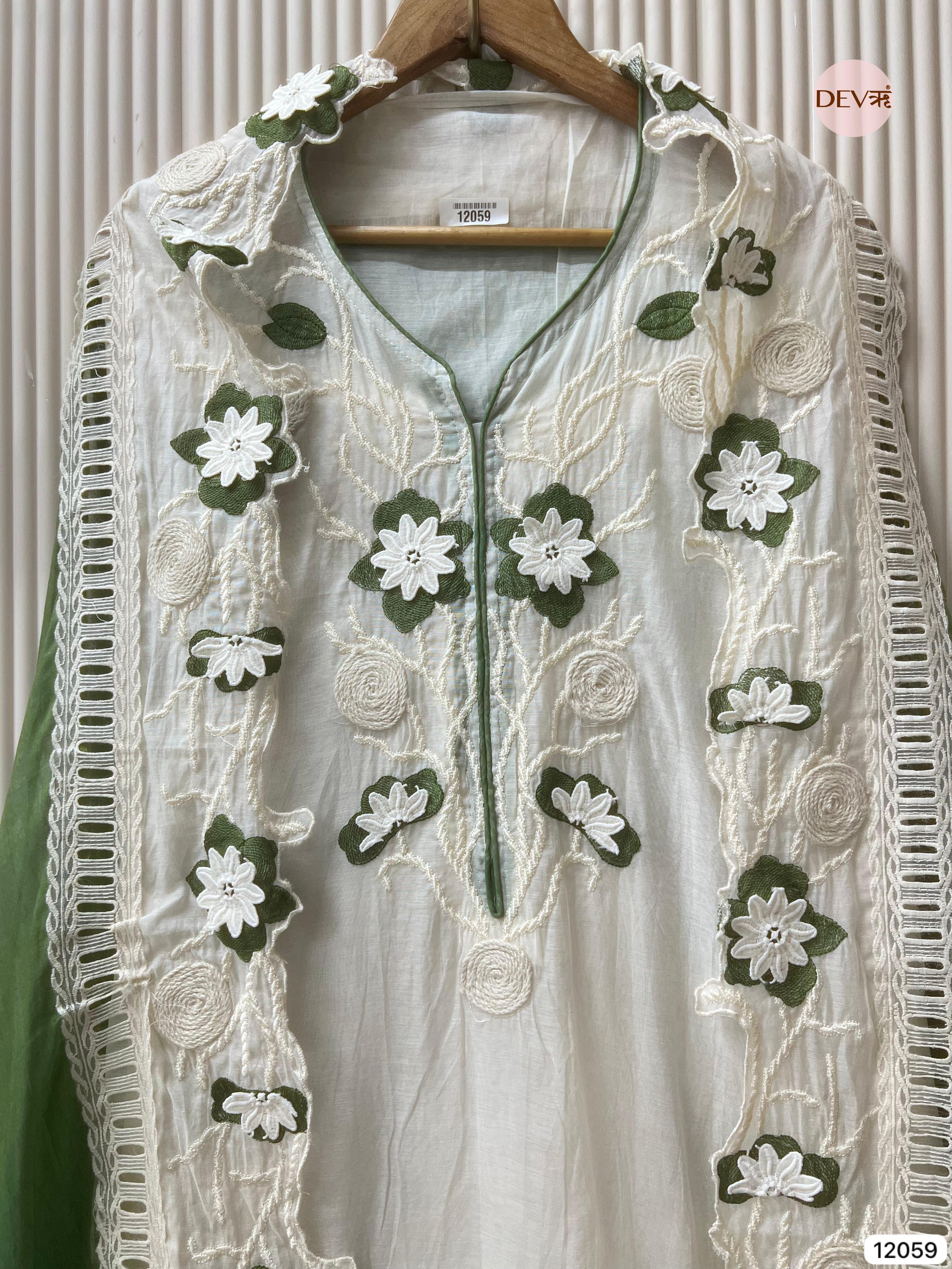 White Mul Chanderi Unstitched With Hand Embroidered -Set Of 3 - {12059}