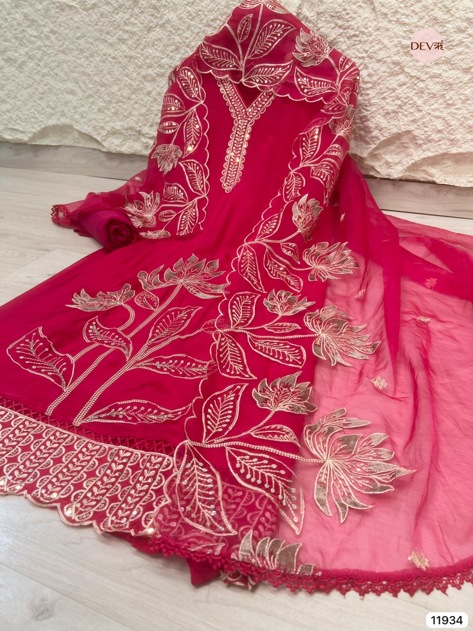 Pink Glass Tissue Silk Unstitched Embroidered -Set Of 3 - {11934}