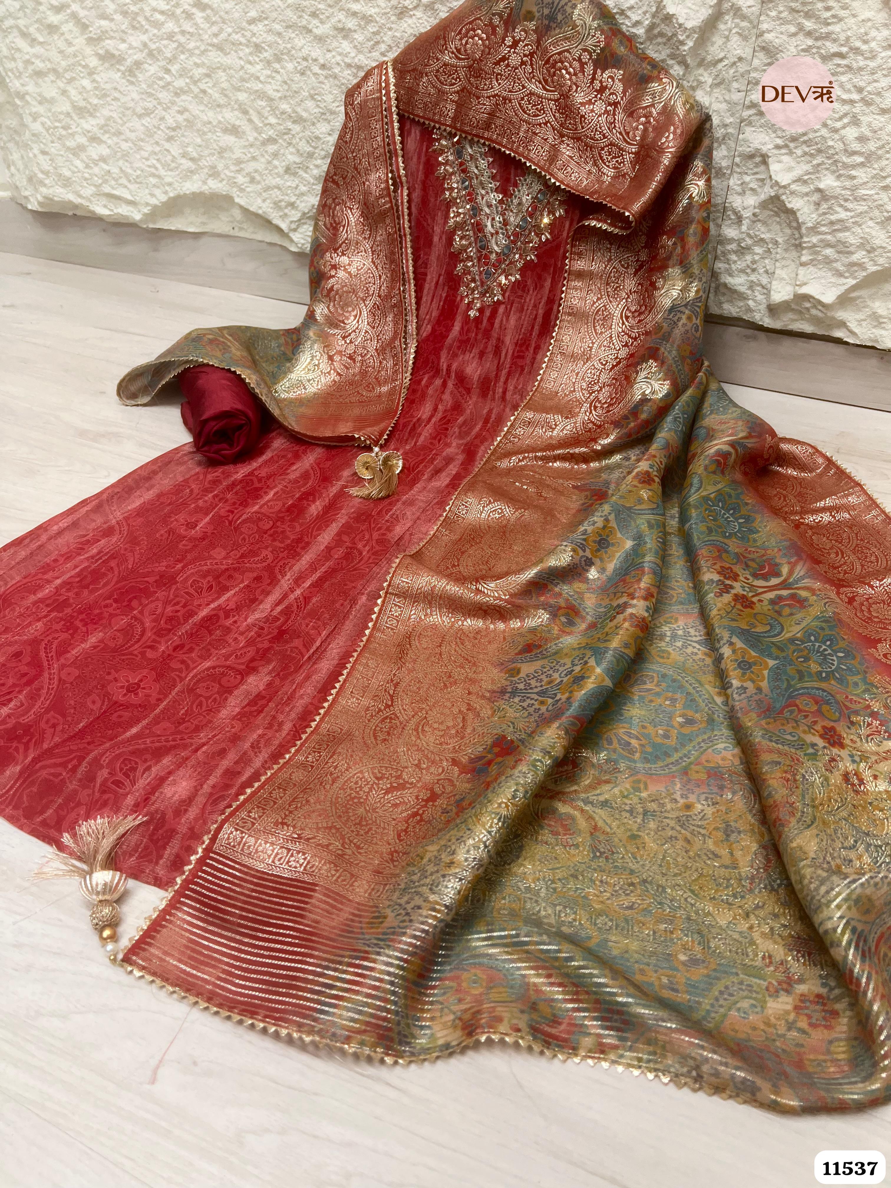 Red Pure Tissue Silk Unstitched Printed Hand Embroidered -Set Of 3 {11537}