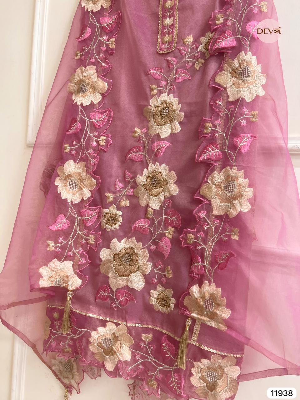 Pink Tissue Silk Unstitched Embroidered -Set Of 3 - {11938}