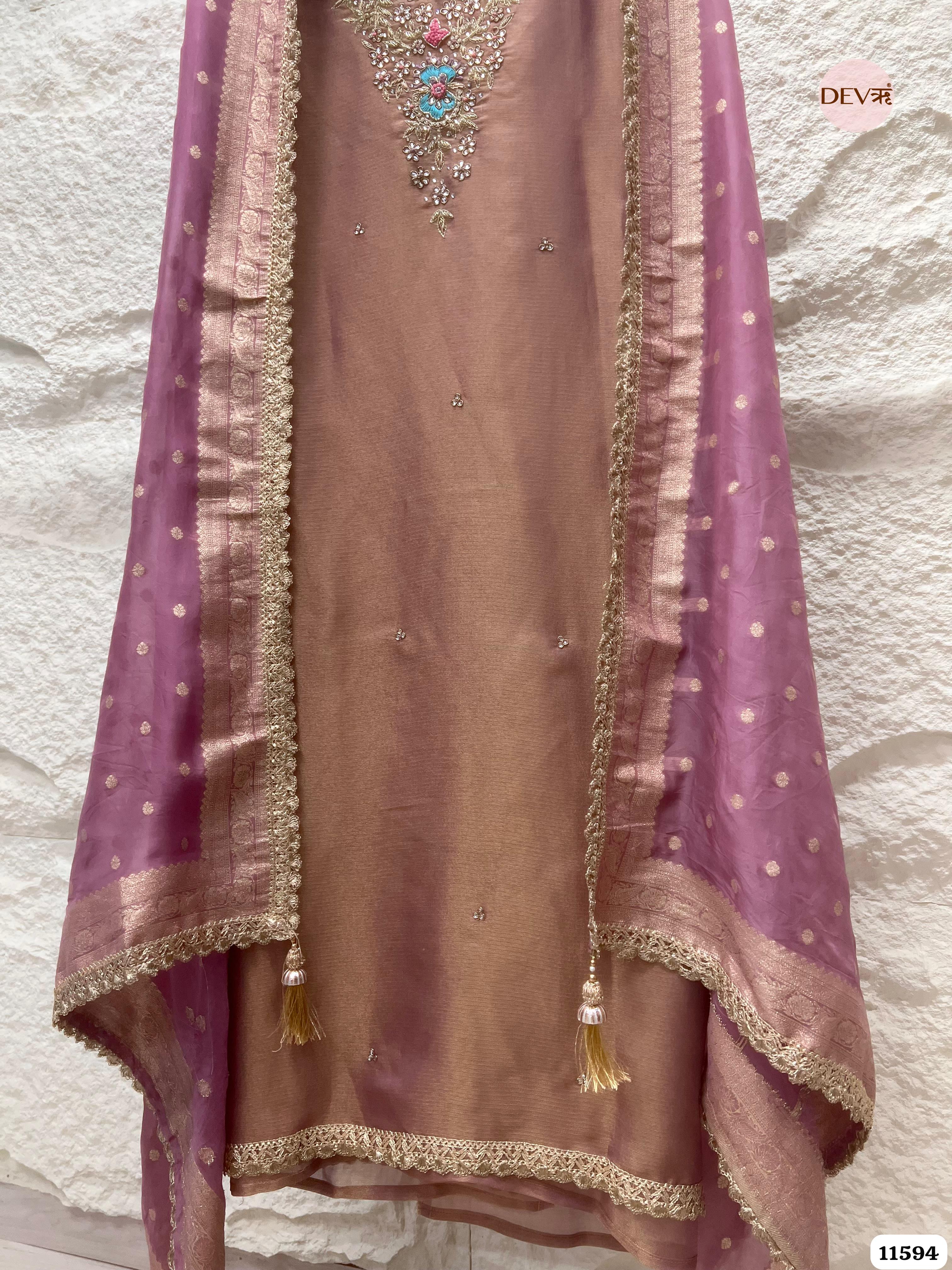 Light Brown Pure Tissue Silk Unstitched Hand Embroidered -Set Of 3 {11594}