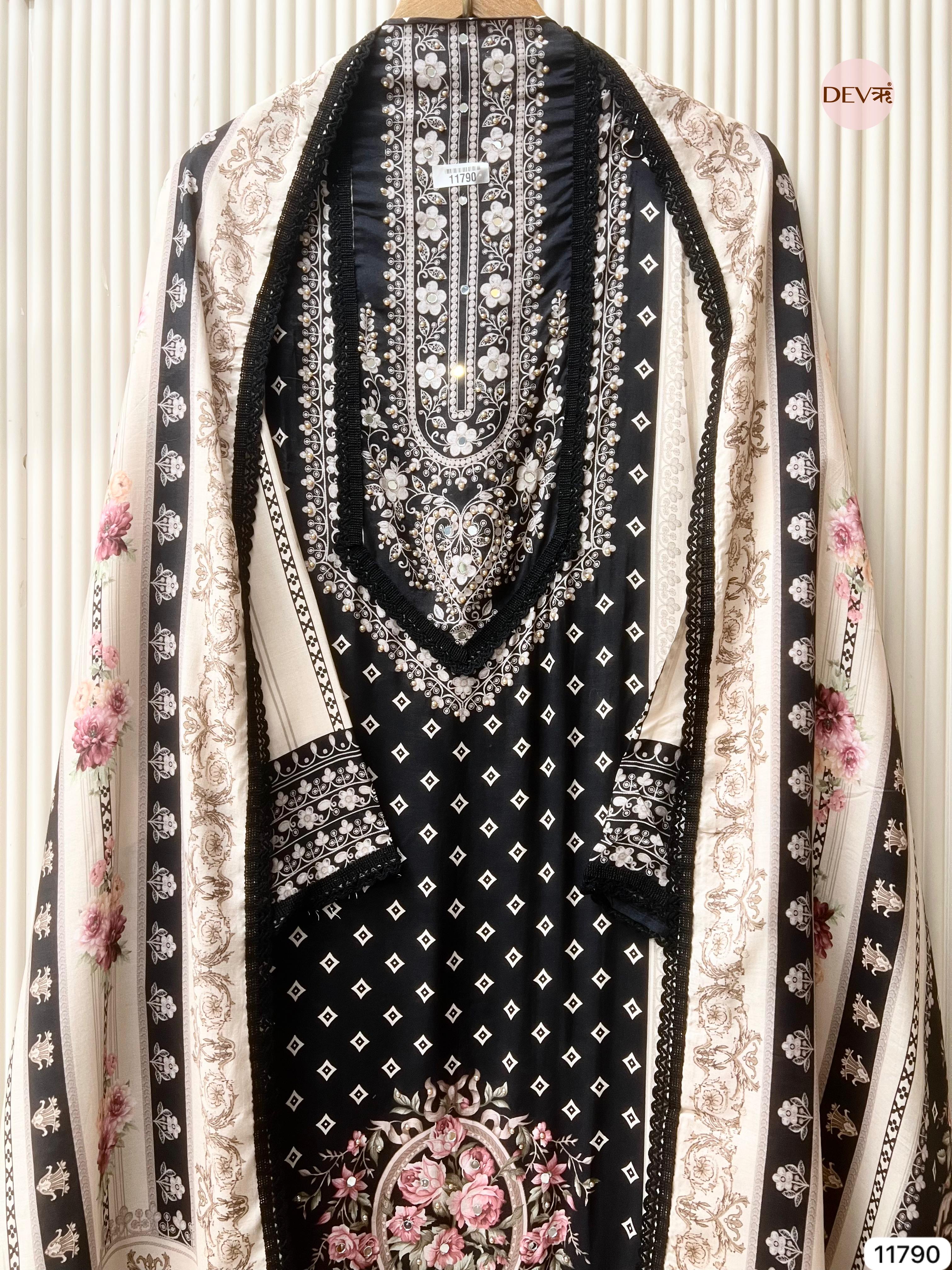 Black Pure Muslin Semi Stitched Pakistani Printed Hand Embroidered -Set Of 3 - {11790}