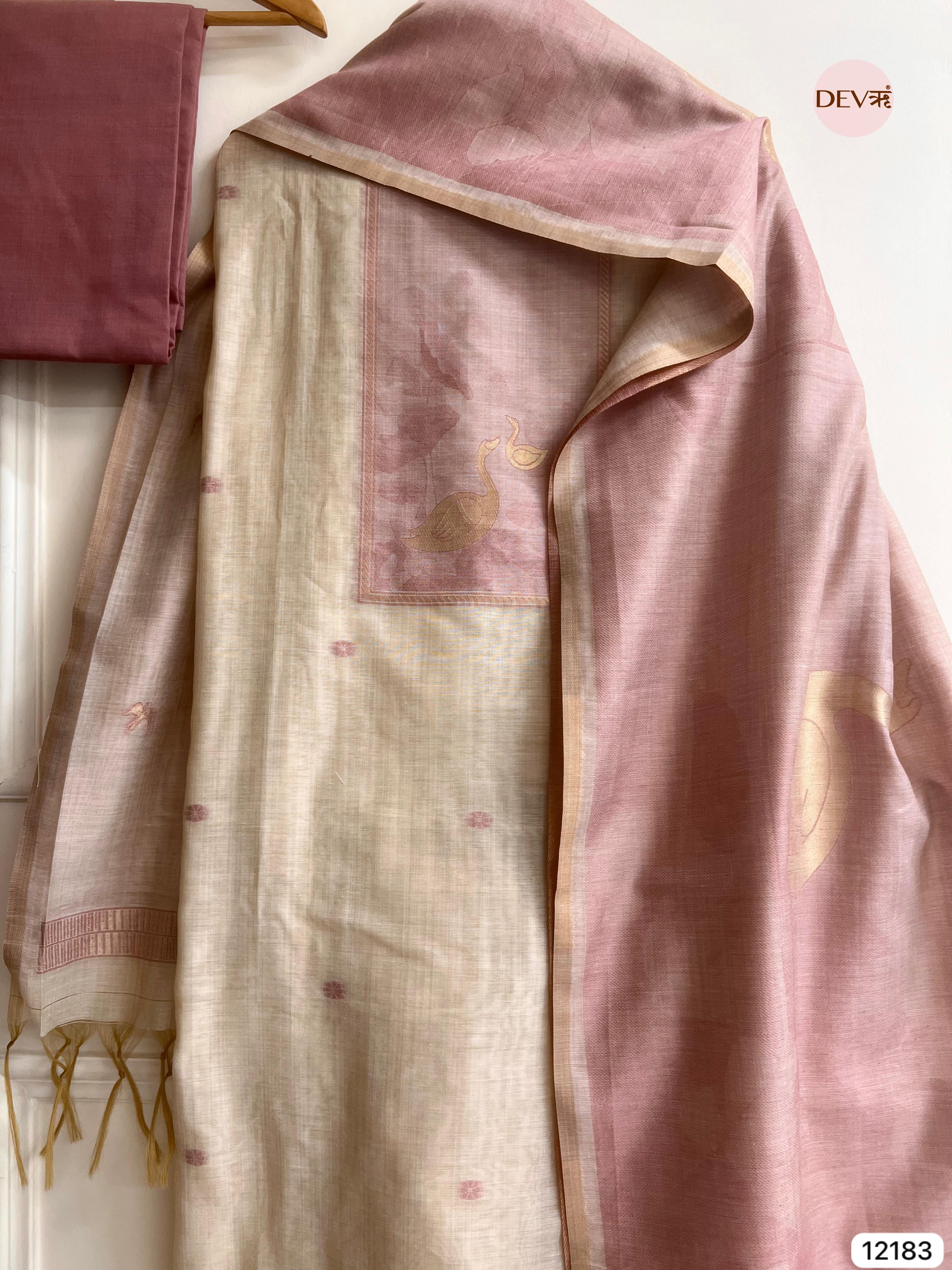 Off White Pure Jamdhani Silk Unstitched Banarasi Woven -Set Of 3 - {12183}